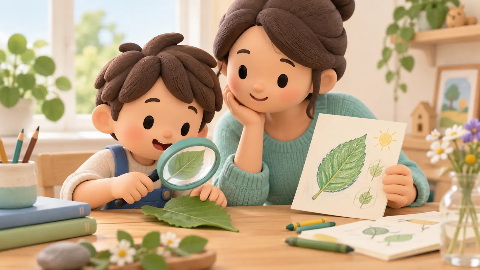 A mother and child observe a green leaf through a magnifying glass and compare a drawing with the real object.