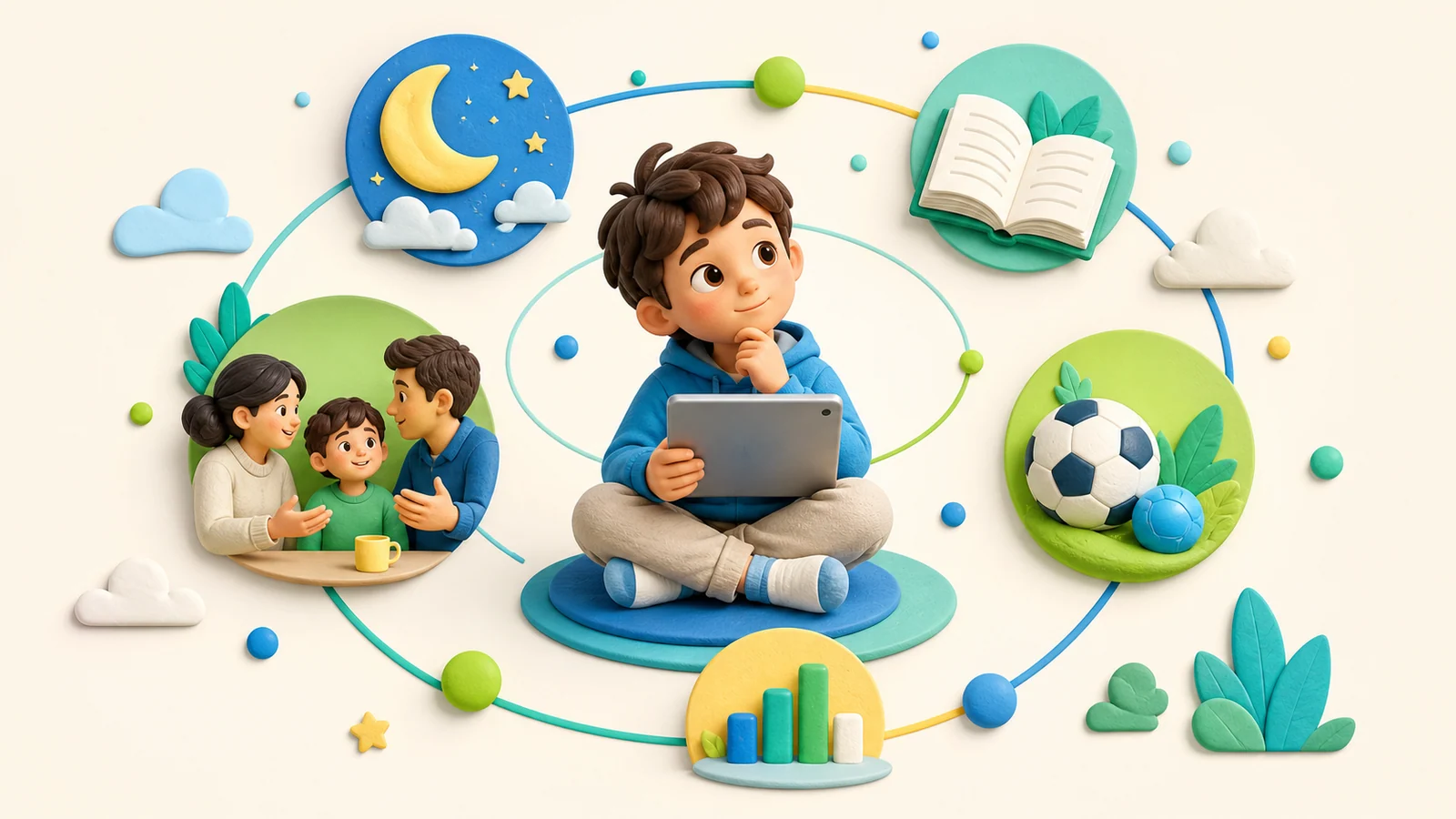 Child using a tablet beside books, a ball, and a bedtime clock