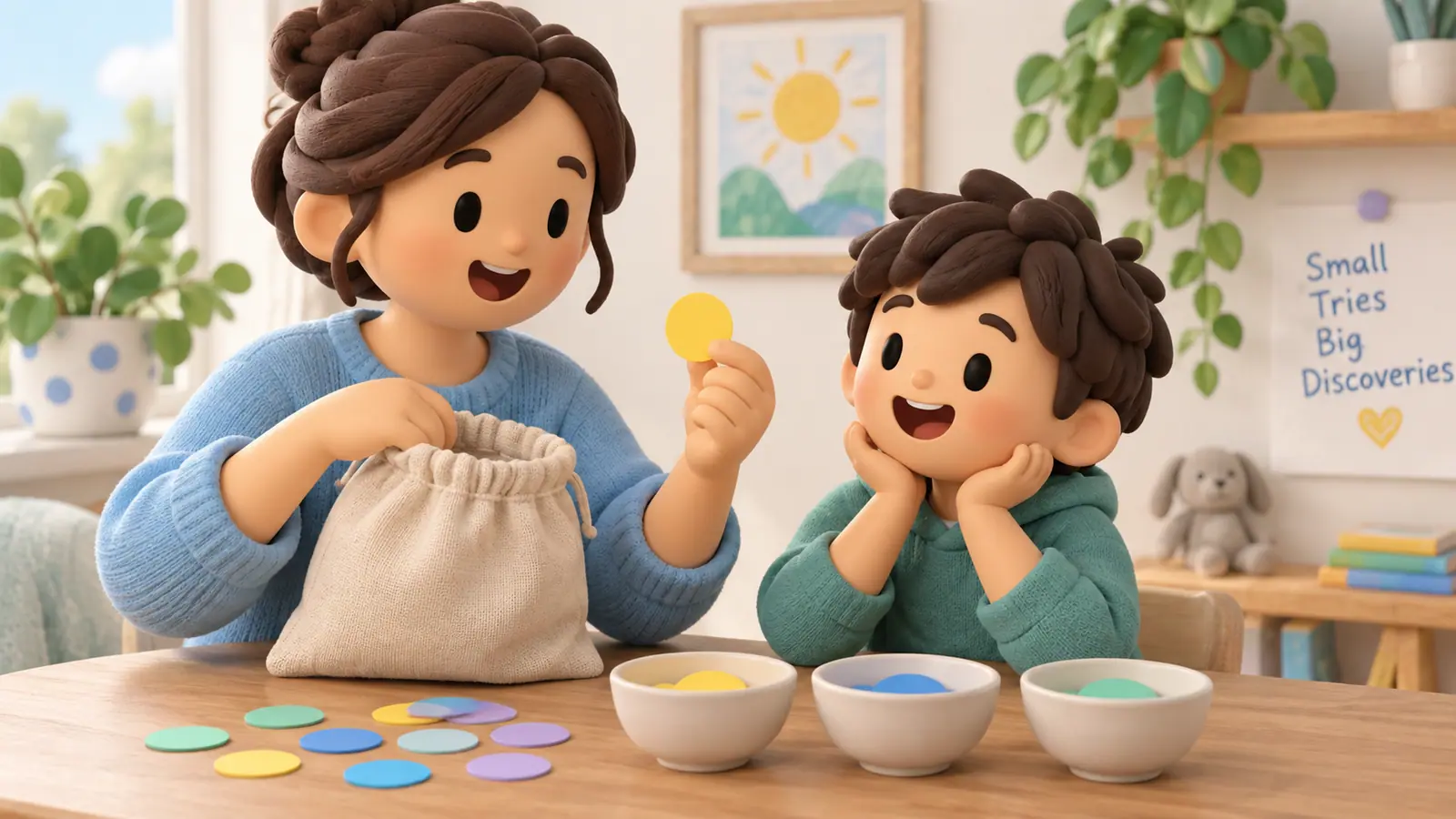 A parent and child draw colored paper tokens from an opaque bag into small groups to explore probability, no gambling machinery.