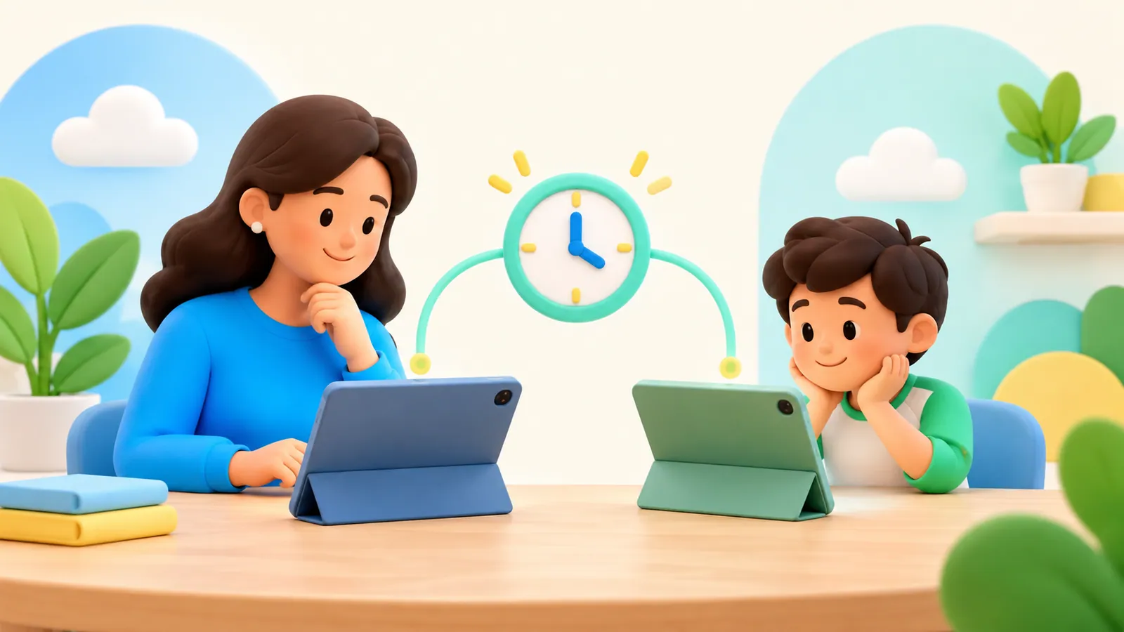 Family illustration: Screen Time Across Two iPads: What Parents Need to Check
