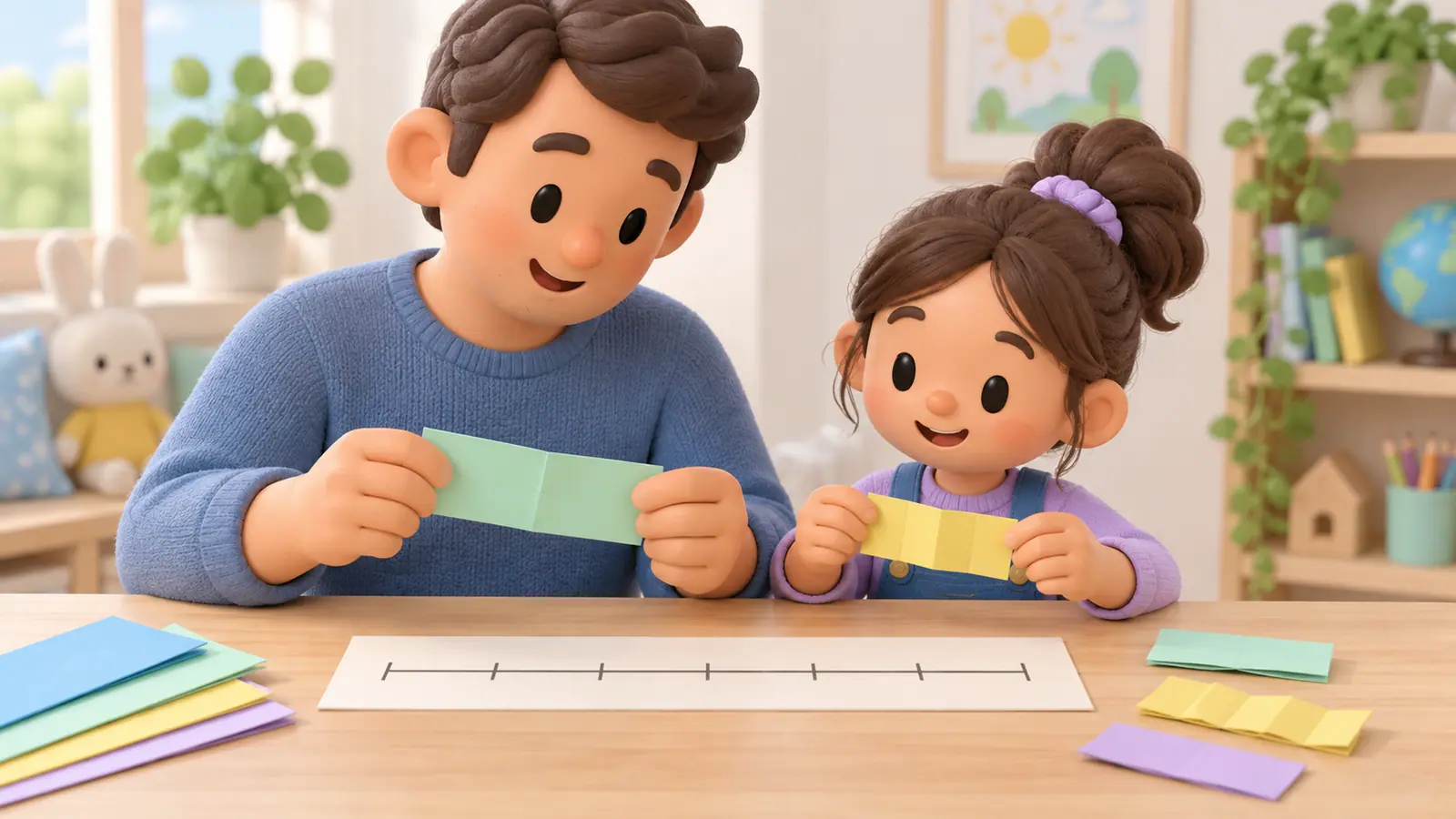 A father and daughter fold paper strips into equal halves and quarters beside an unlettered line marked with evenly spaced ticks.