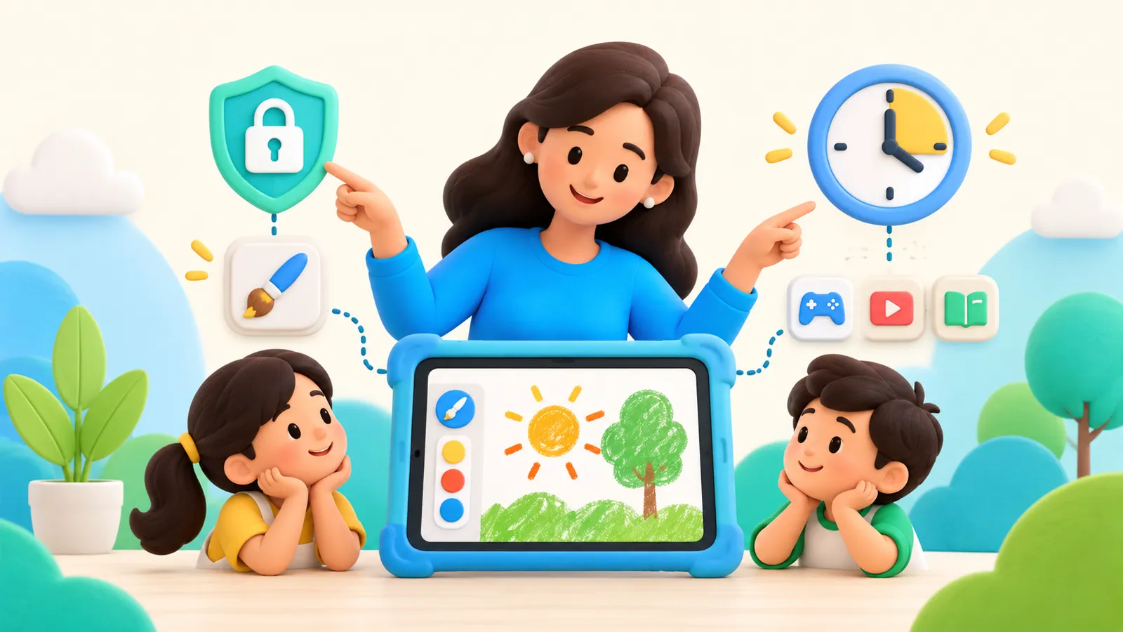 Family illustration: Guided Access vs Screen Time: Which One Fits a Shared iPad?
