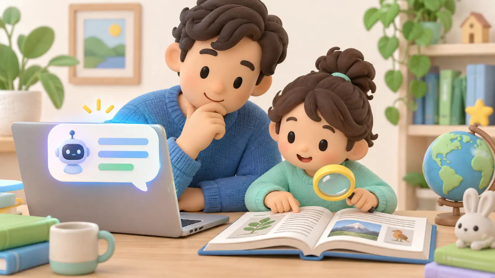 A parent and child compare a laptop's abstract AI answer bubble with an open reference book and magnifying glass.