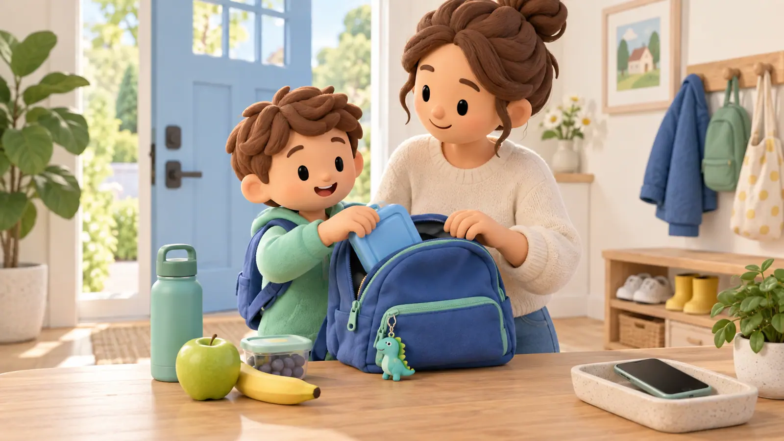 A parent and child prepare a backpack and breakfast by the front door, smartphone resting in a designated tray.