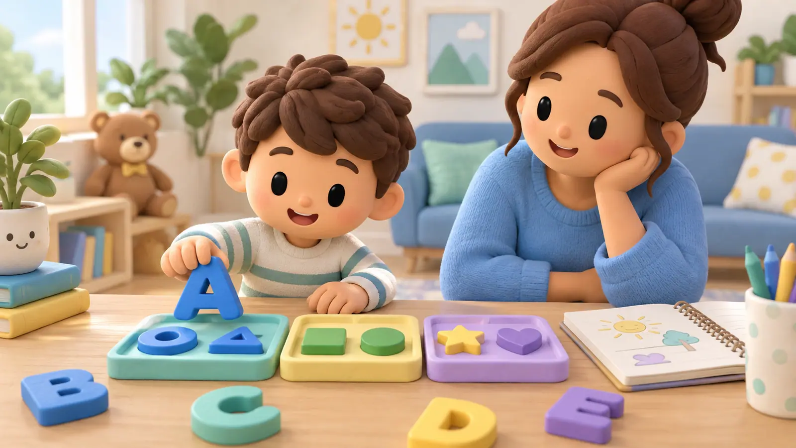 A child sorts large colorful letter-like tiles by shape beside a notebook, with a parent observing