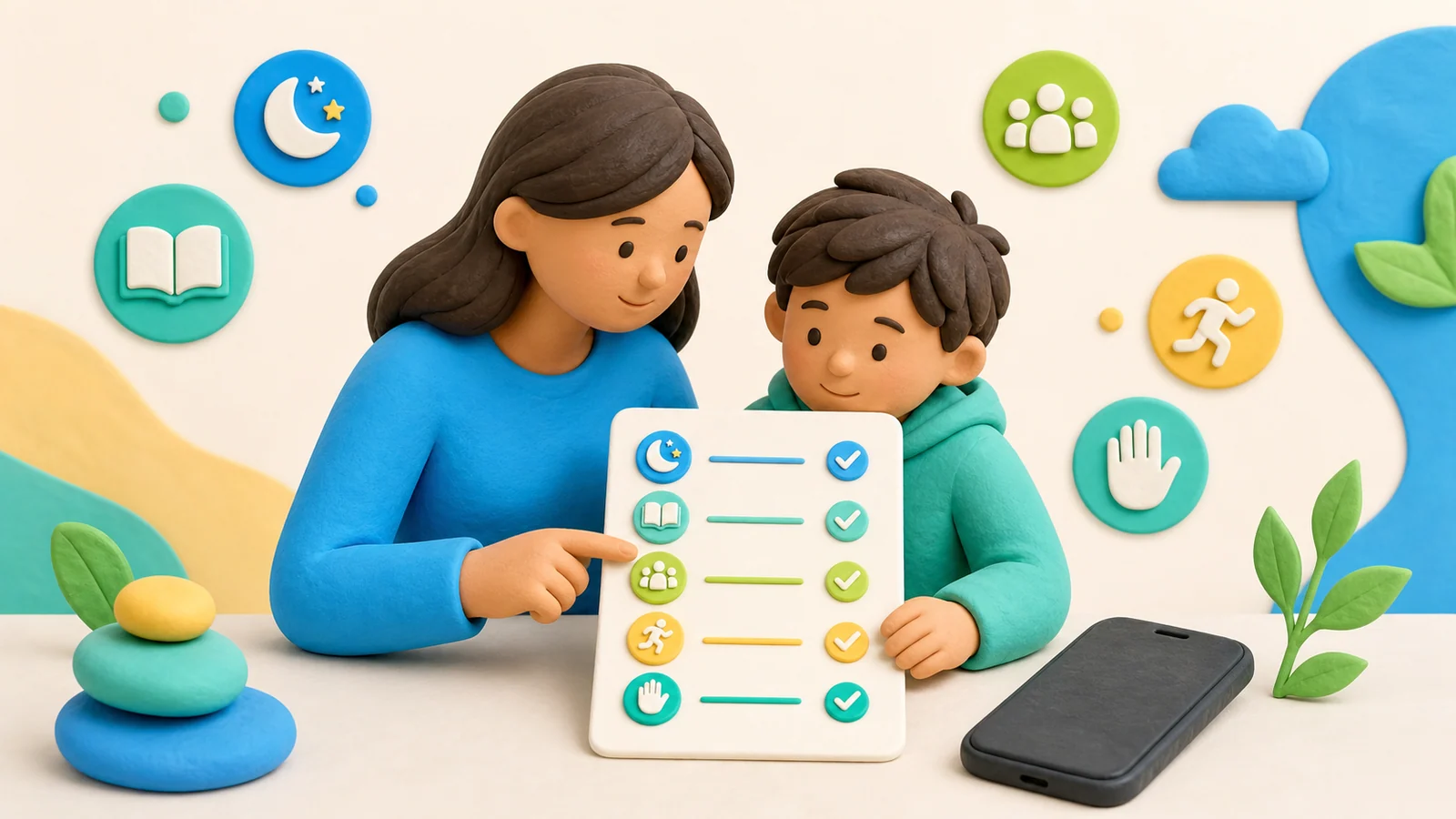 Parent reviewing a balanced smartphone-use checklist with a child