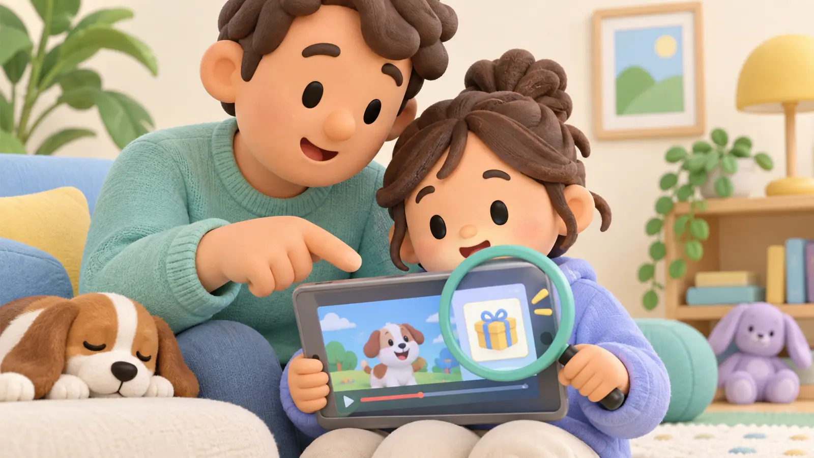 A parent and child inspect a tablet video with a small gift-box advertisement tile, using a magnifying glass metaphor.