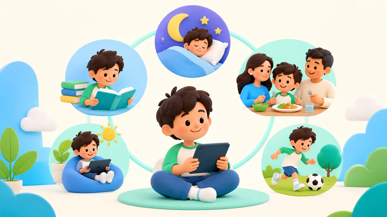 Family illustration: Digital Wellbeing for Kids: What a Balanced Day Actually Includes