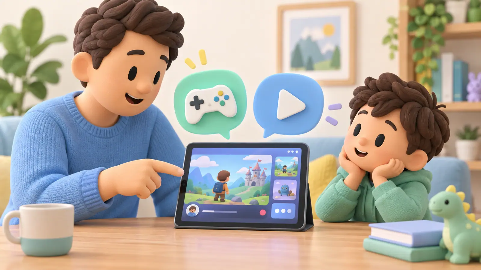 A parent and child discuss a tablet showing an abstract game-stream screen, separating a play-controller icon from a video triangle icon.