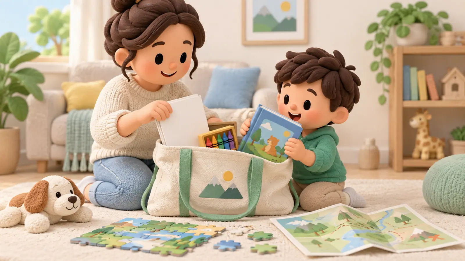 A parent and child unpack a small canvas learning bag containing paper, crayons, storybook, puzzle and map.