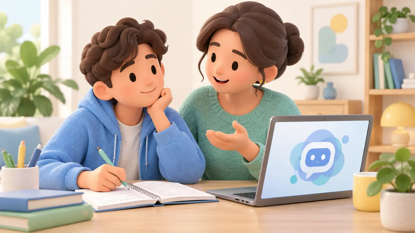 A parent and teenager discuss homework beside a notebook and a laptop displaying a neutral abstract AI chat symbol.