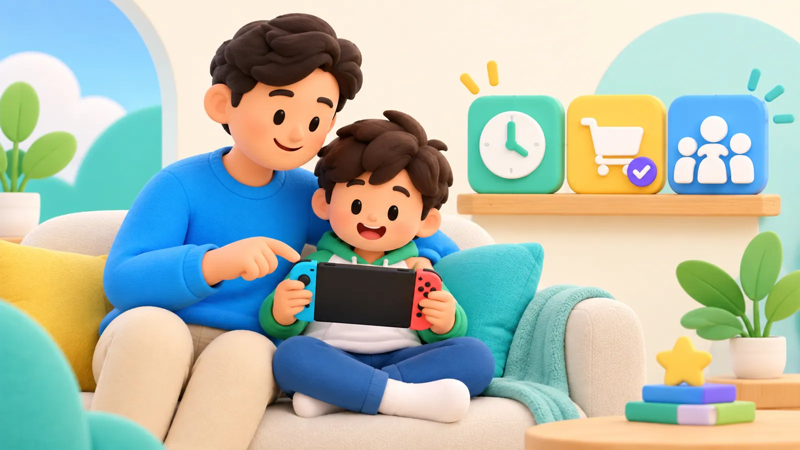 Family illustration: Nintendo Switch Parental Controls: Play Time, Purchases, and Accounts