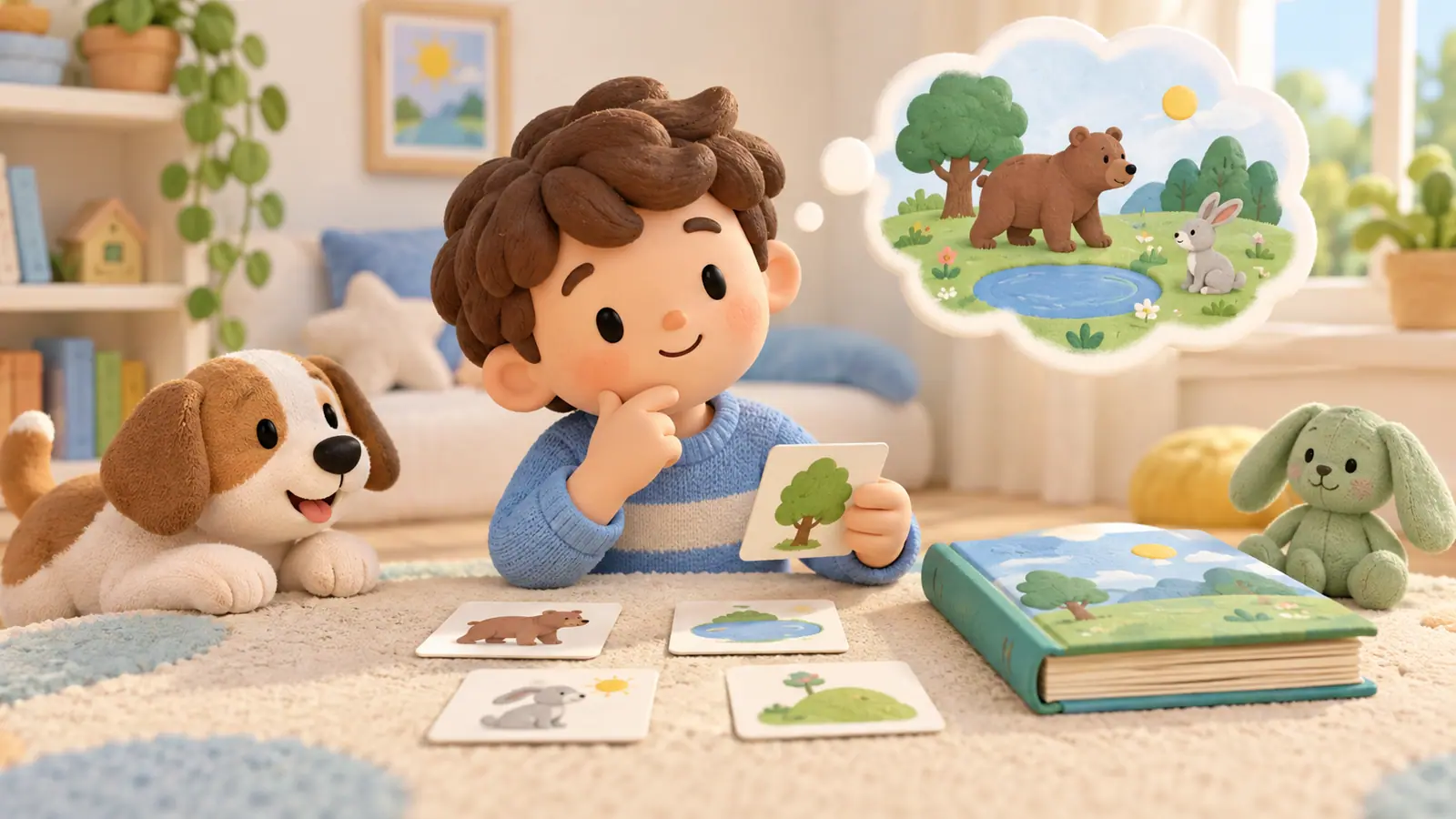 A child recalls a picture from a closed book, arranging memory picture cards before opening the book to check.