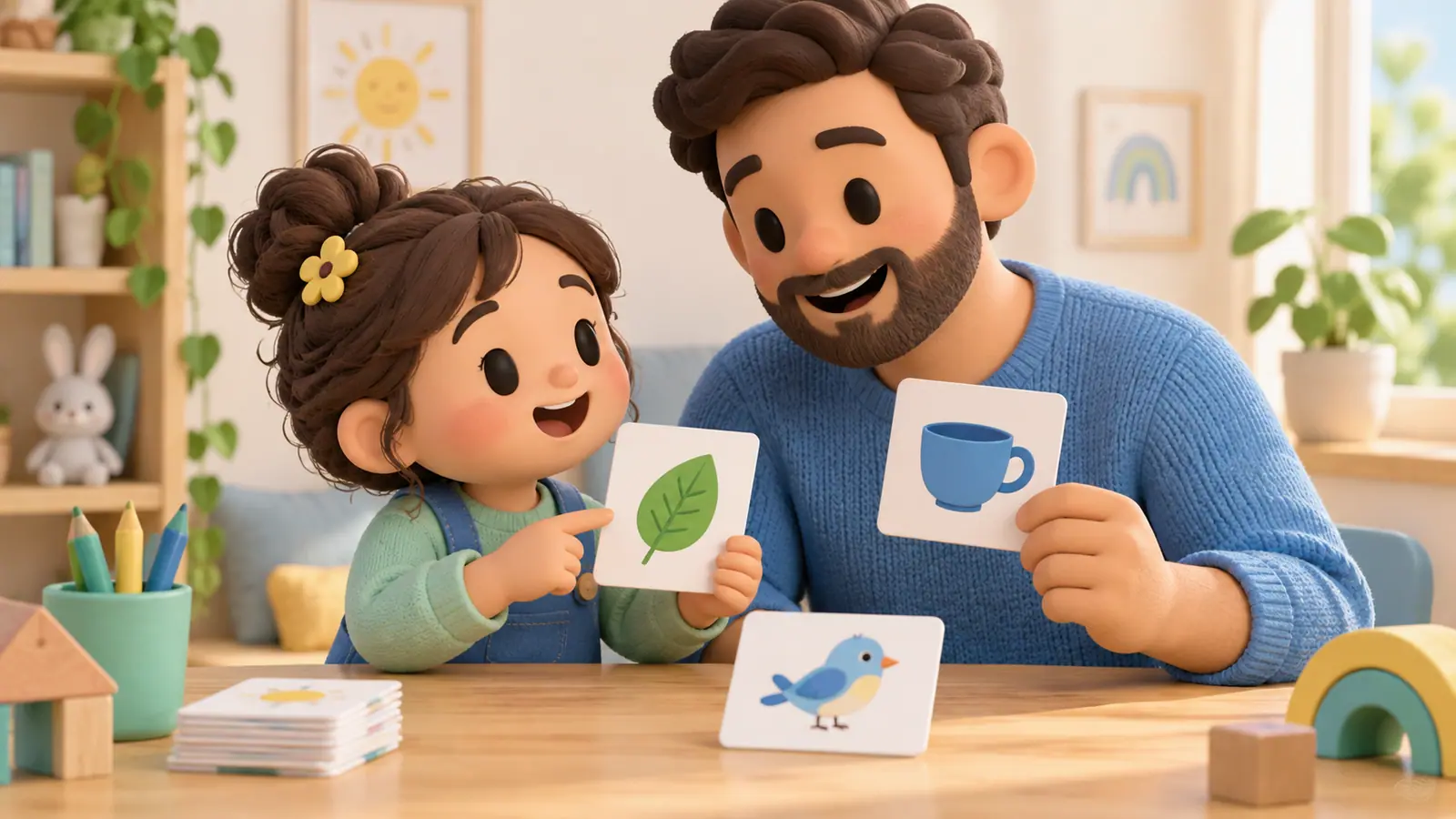A father and daughter play with illustrated vocabulary cards showing a leaf, a cup and a bird at a table.