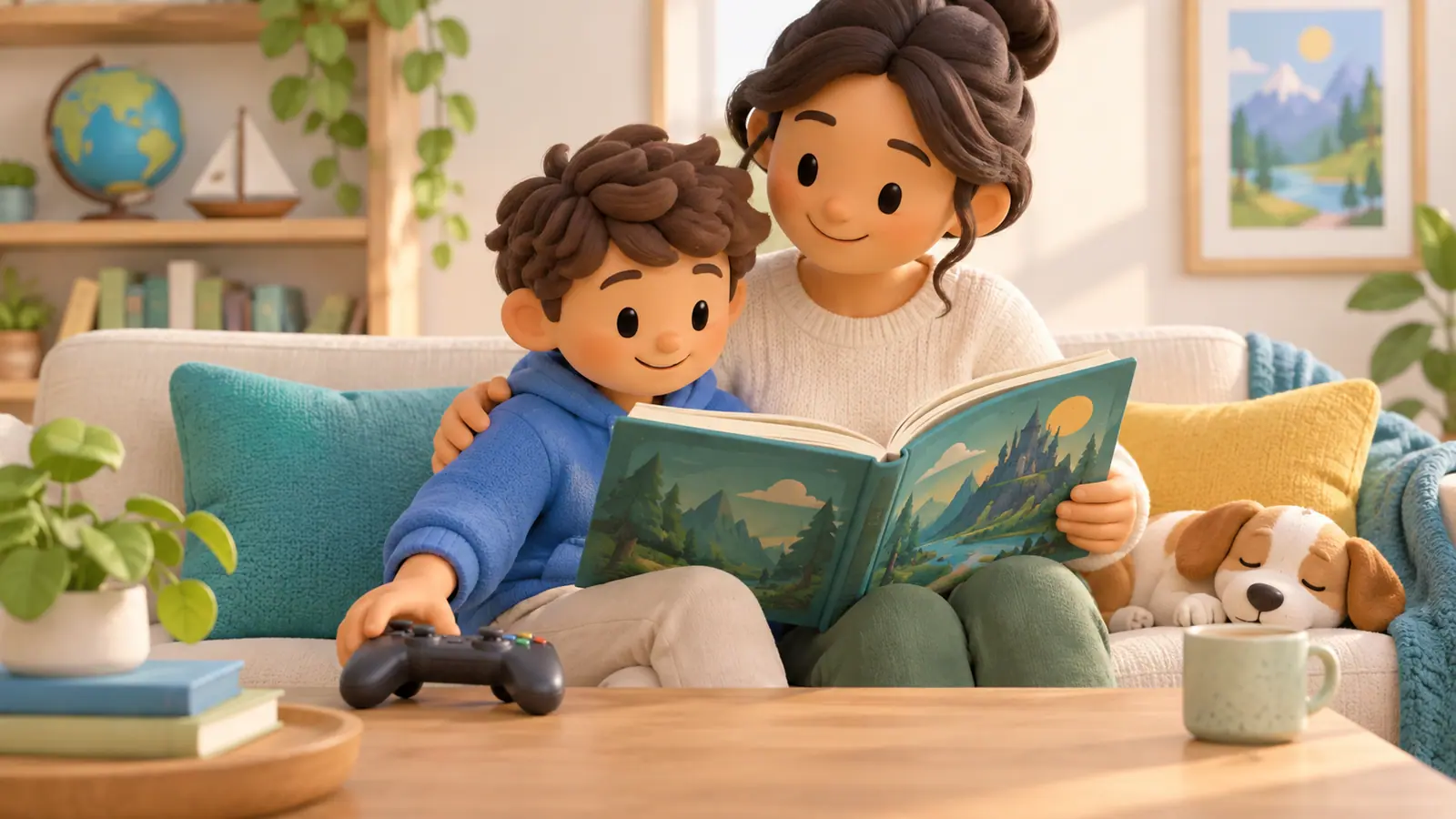 A child sets a game controller beside an adventure book and reads with a supportive parent.