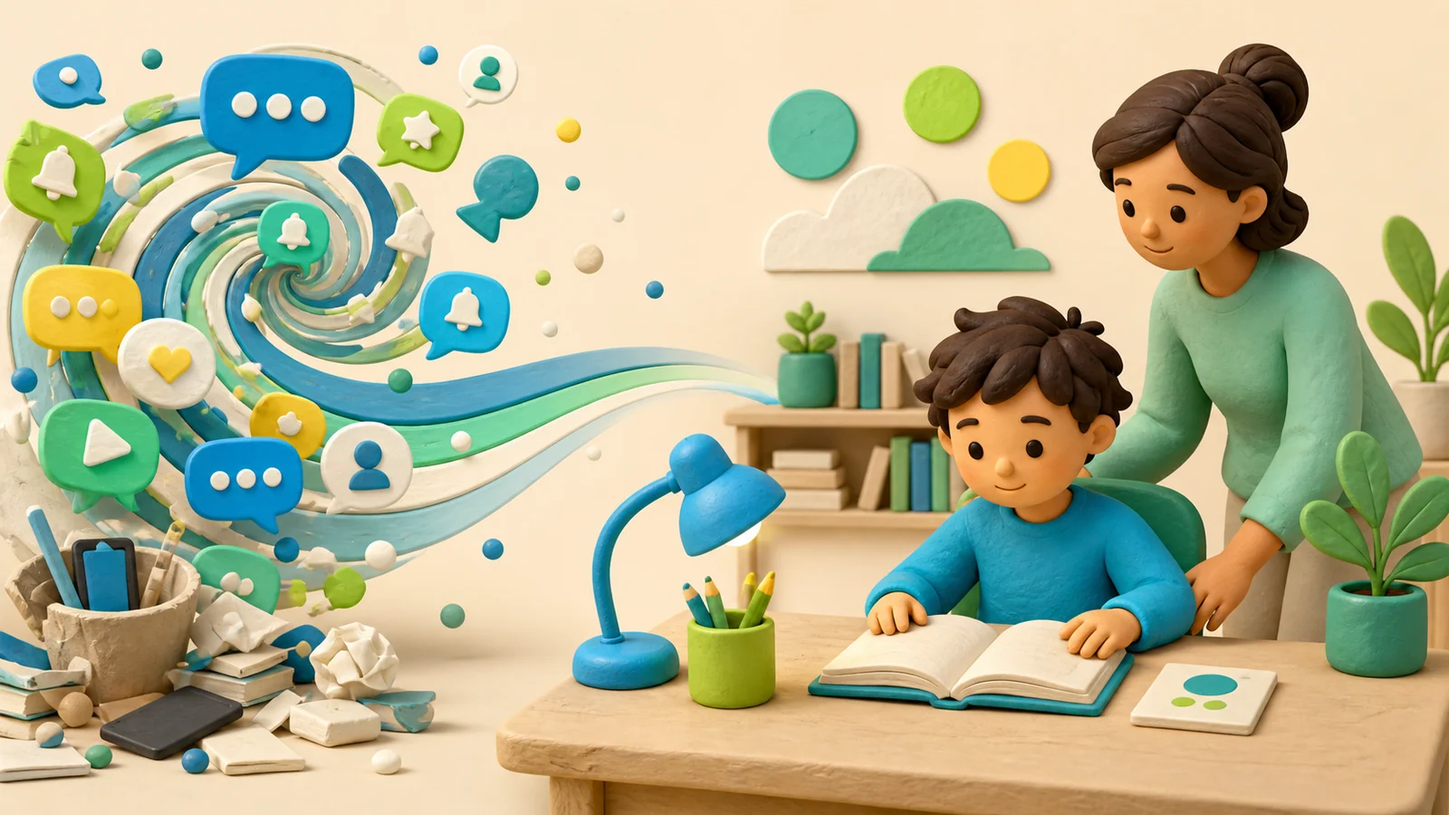 Child moving between focused homework and a notification-filled tablet