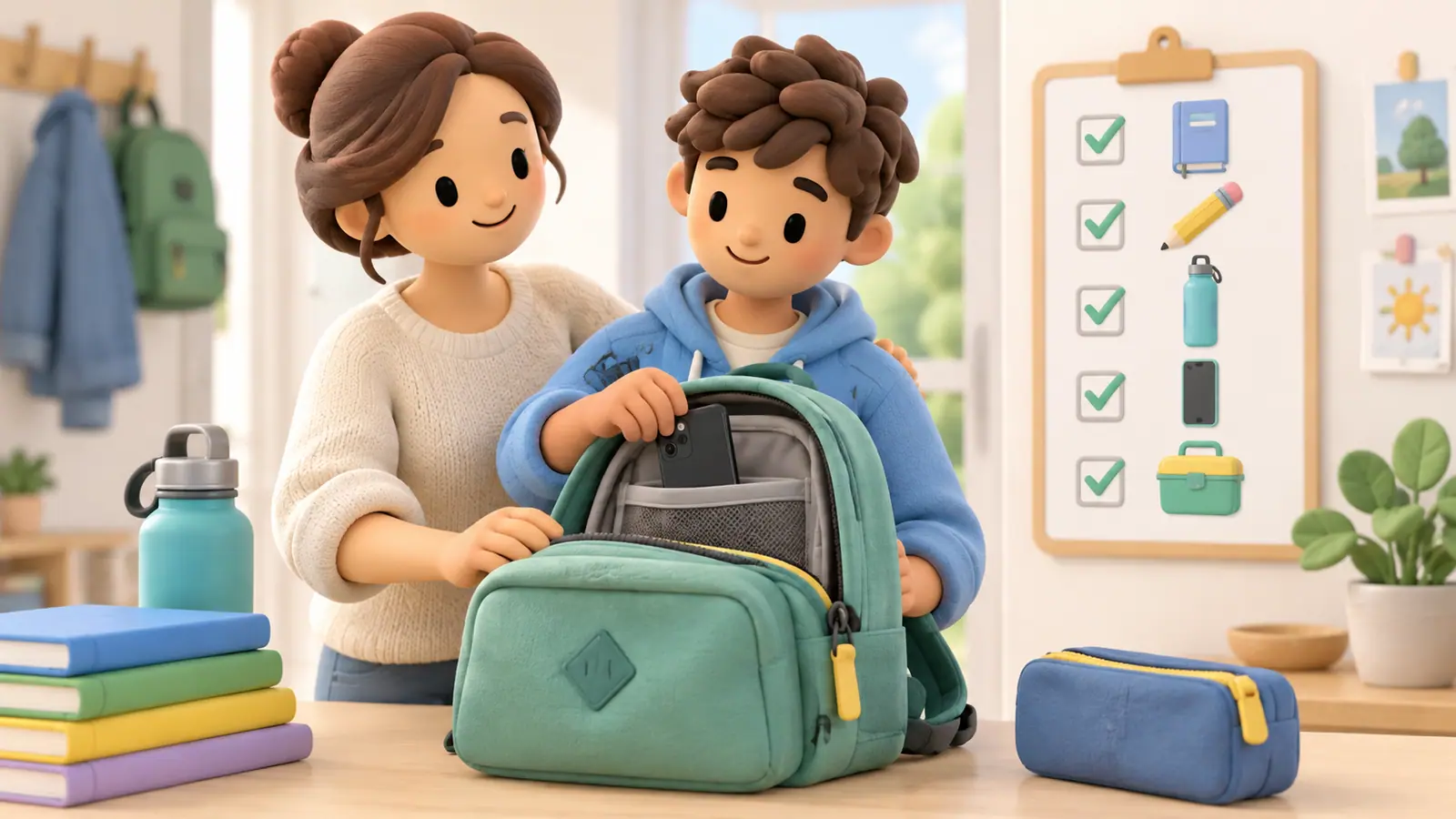 A parent and teenager pack a school bag and place a phone in a designated pouch beside an icon-only school checklist.