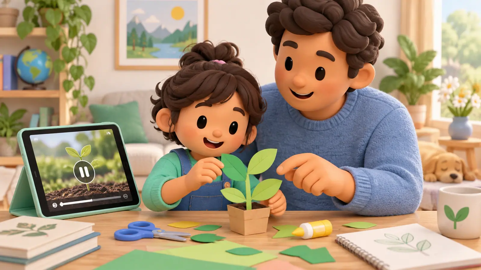 A child pauses a nature video on a tablet and builds a small paper model of a plant with their parent.