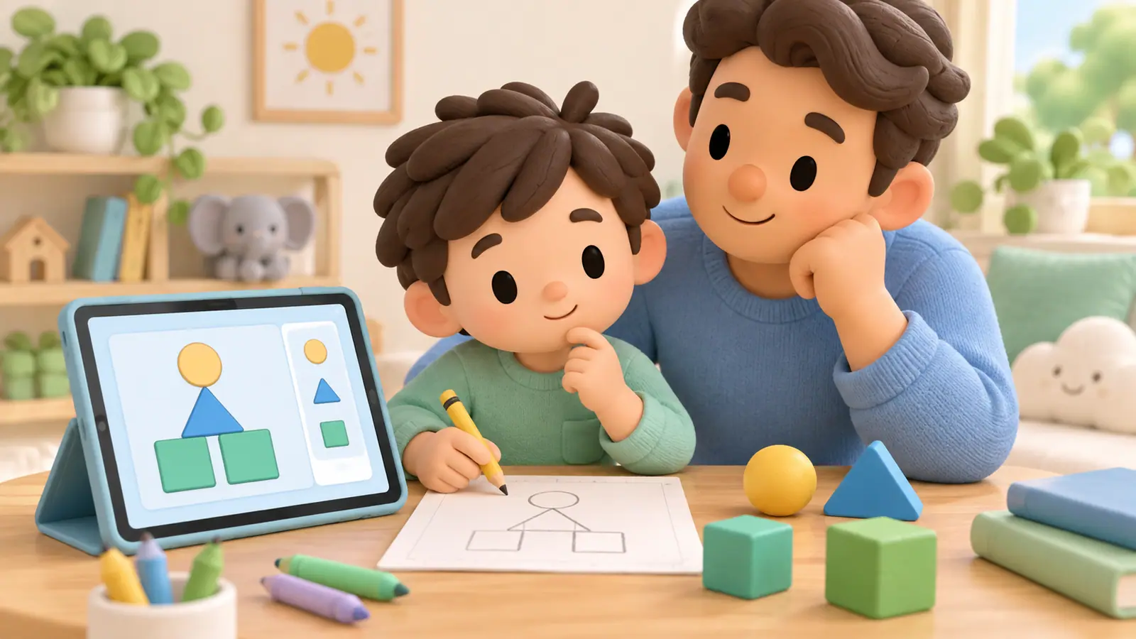A parent sits beside a child with a tablet showing a simple shape puzzle