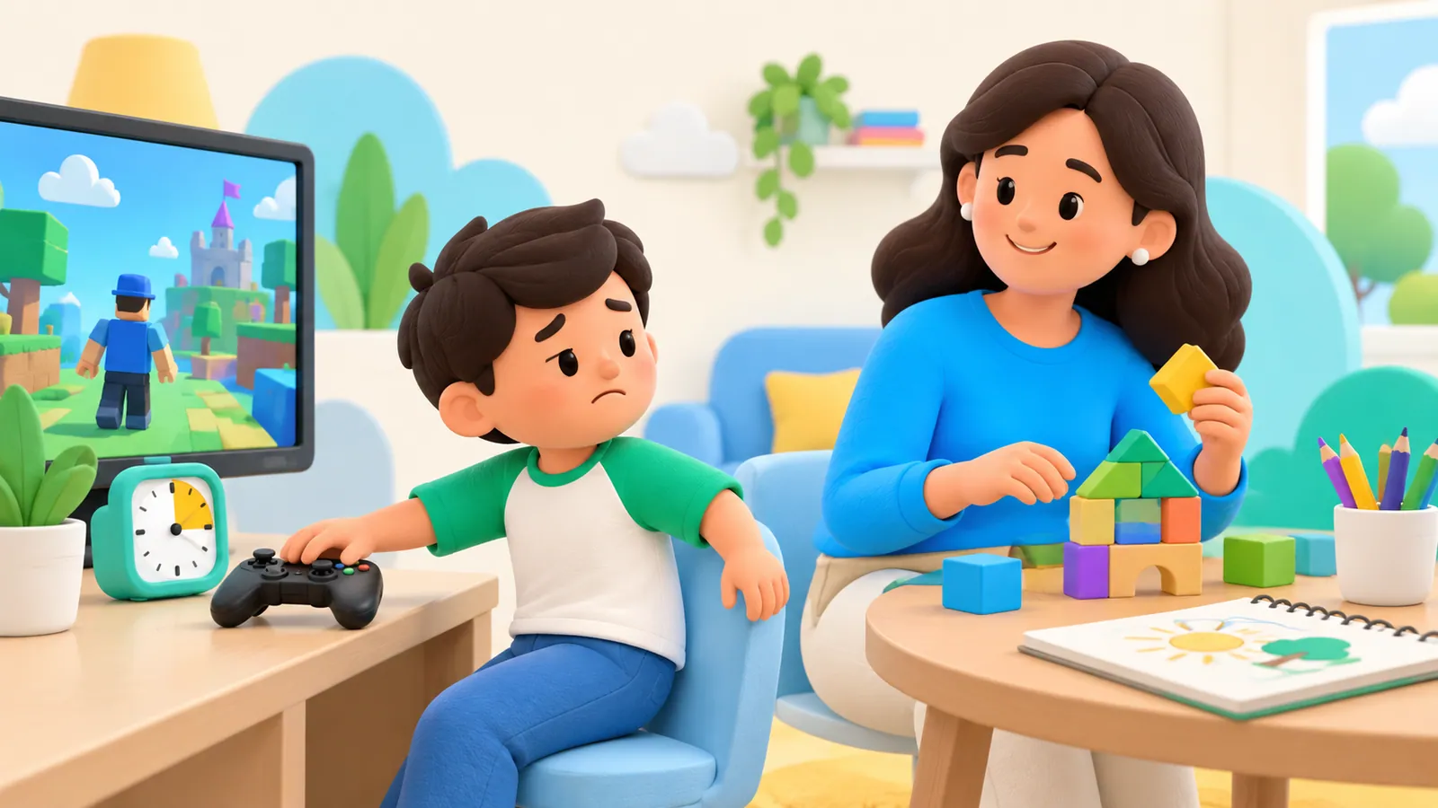 Family illustration: My Child Won’t Stop Playing Roblox: A Plan for Ending Game Time