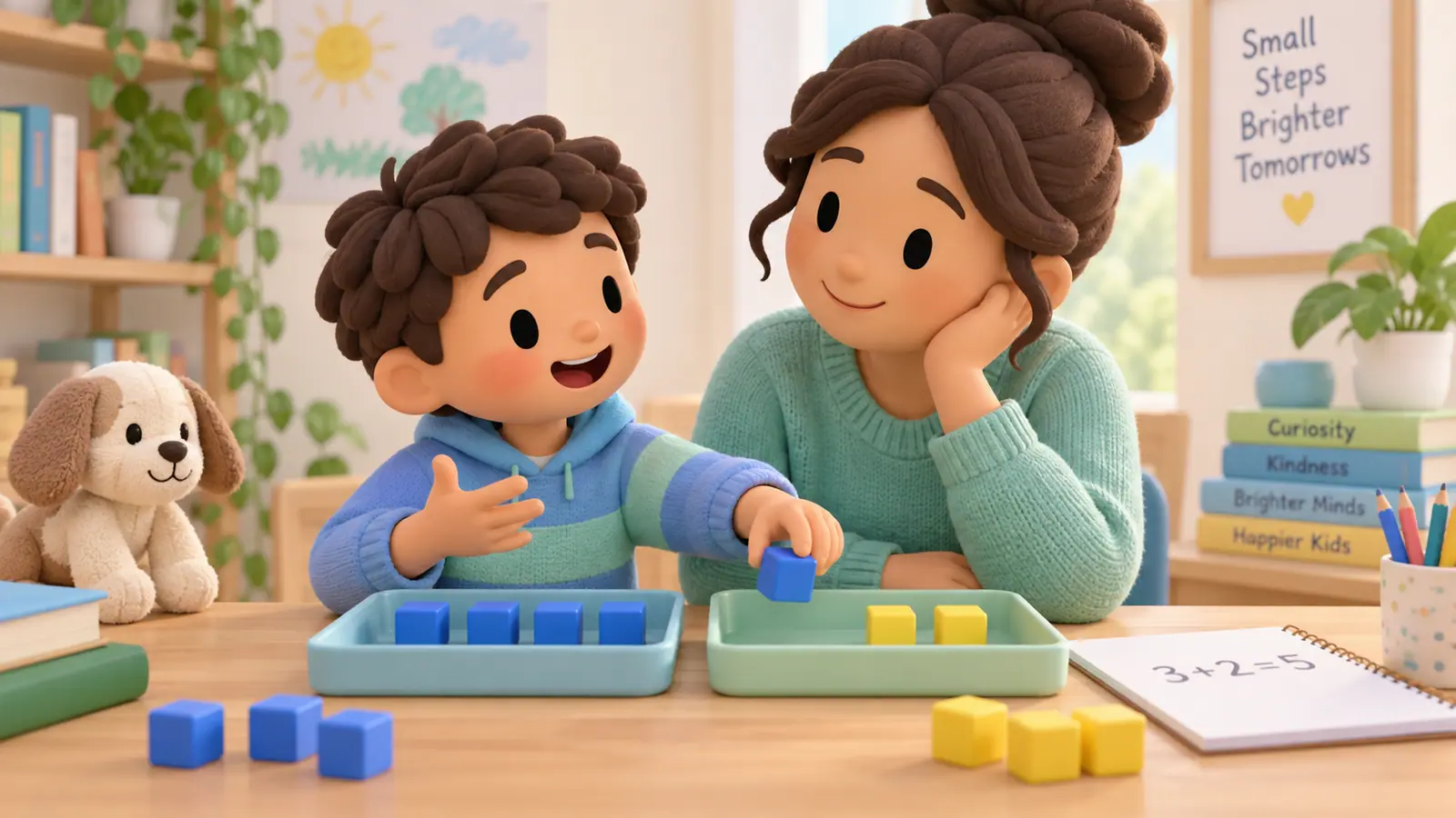 A child moves blue and yellow counting blocks between two trays while a parent listens to their addition strategy.