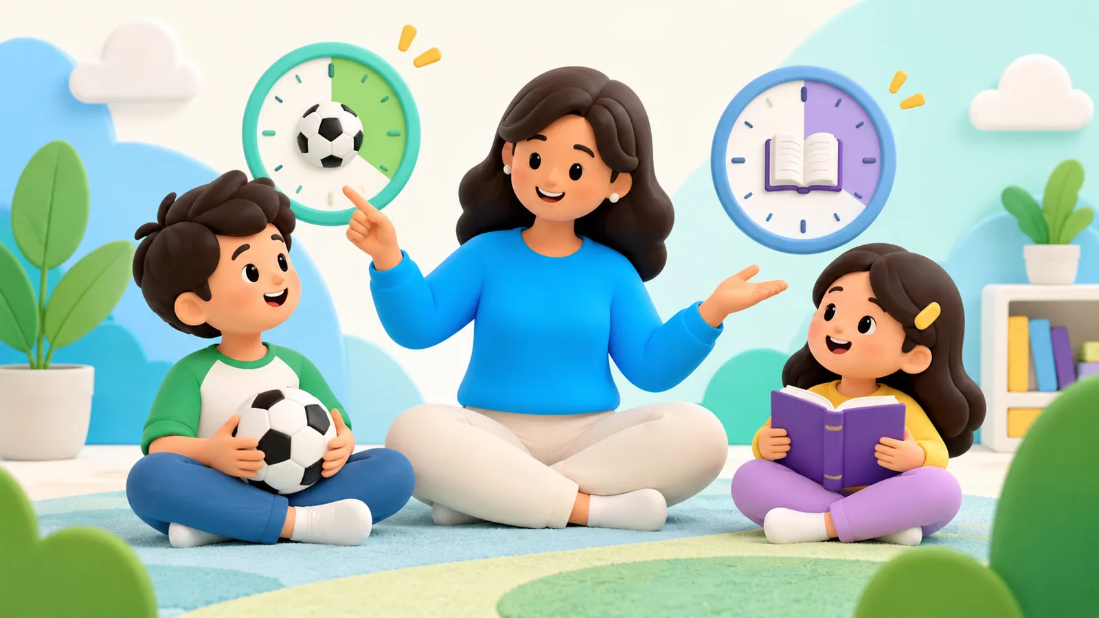 Family illustration: Different Screen Time Rules for Siblings: How to Make Them Feel Fair