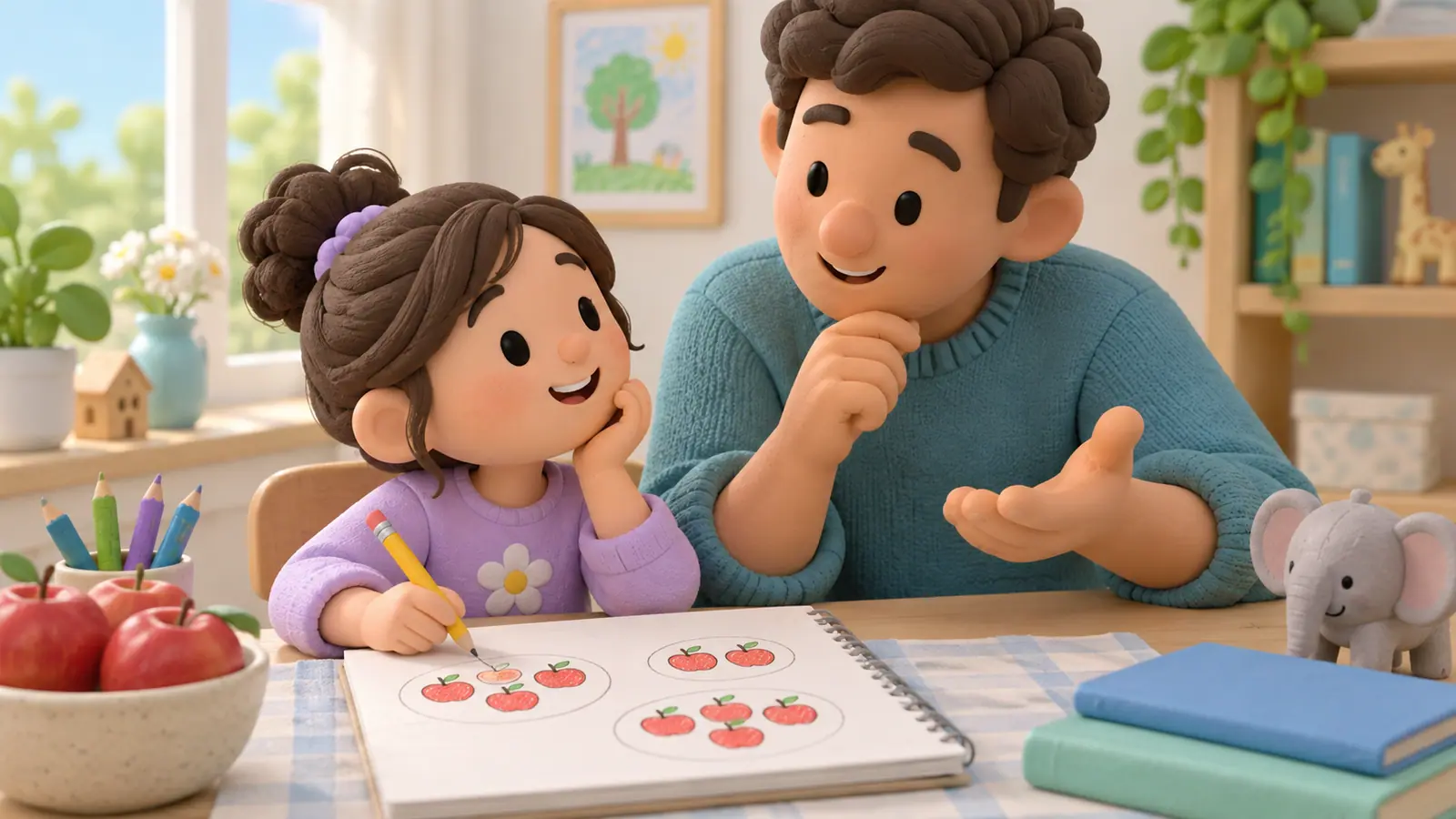 A girl sketches groups of apples on paper to solve a word problem while her father asks a gentle question.