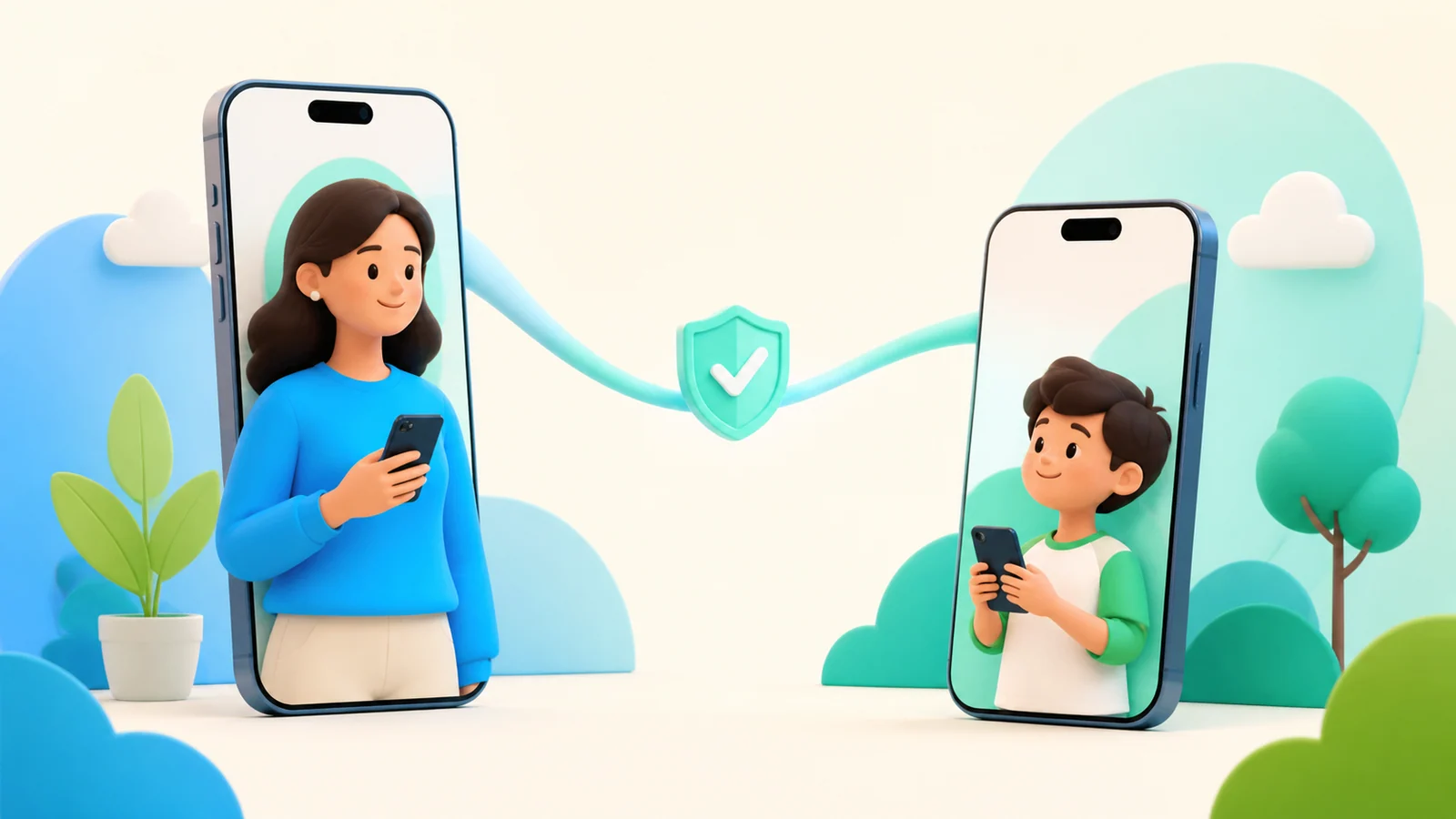 Parent and child iPhones connected through Apple Family Sharing for OMO Kids setup