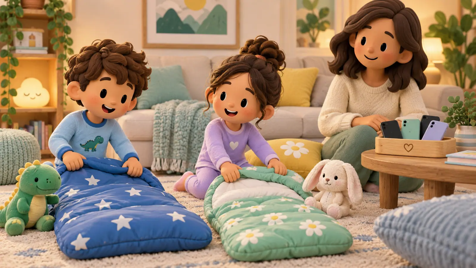 Two children in pajamas prepare sleeping bags in a cozy living room