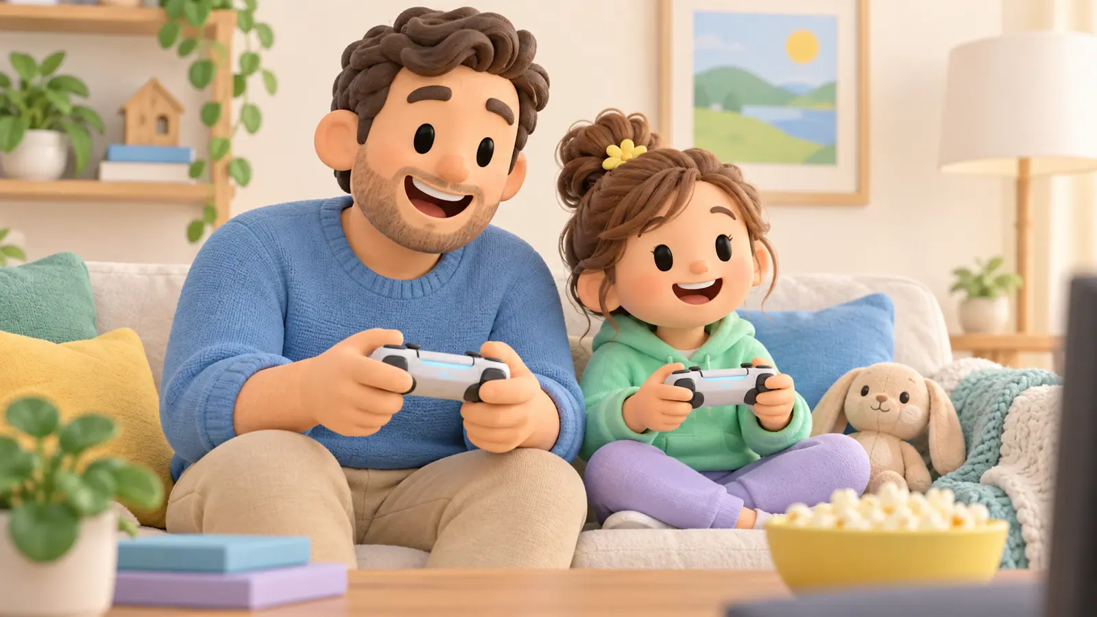 A father and daughter sit side by side playing a cooperative video game with two controllers, enjoying shared time.