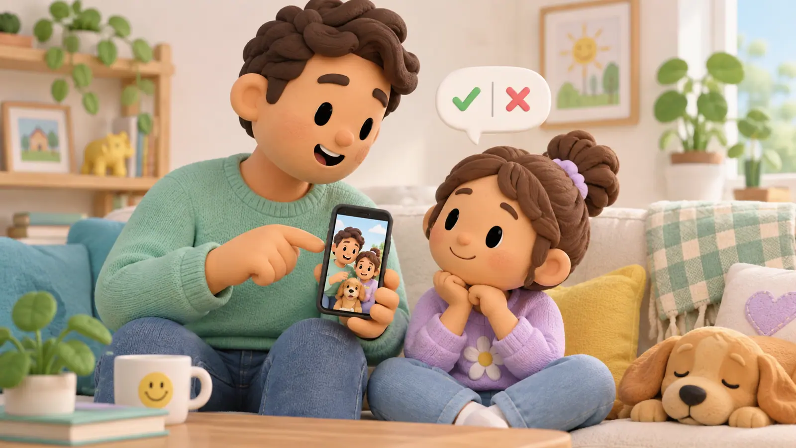 A parent shows a family photo on a phone to a child and waits for permission before sharing