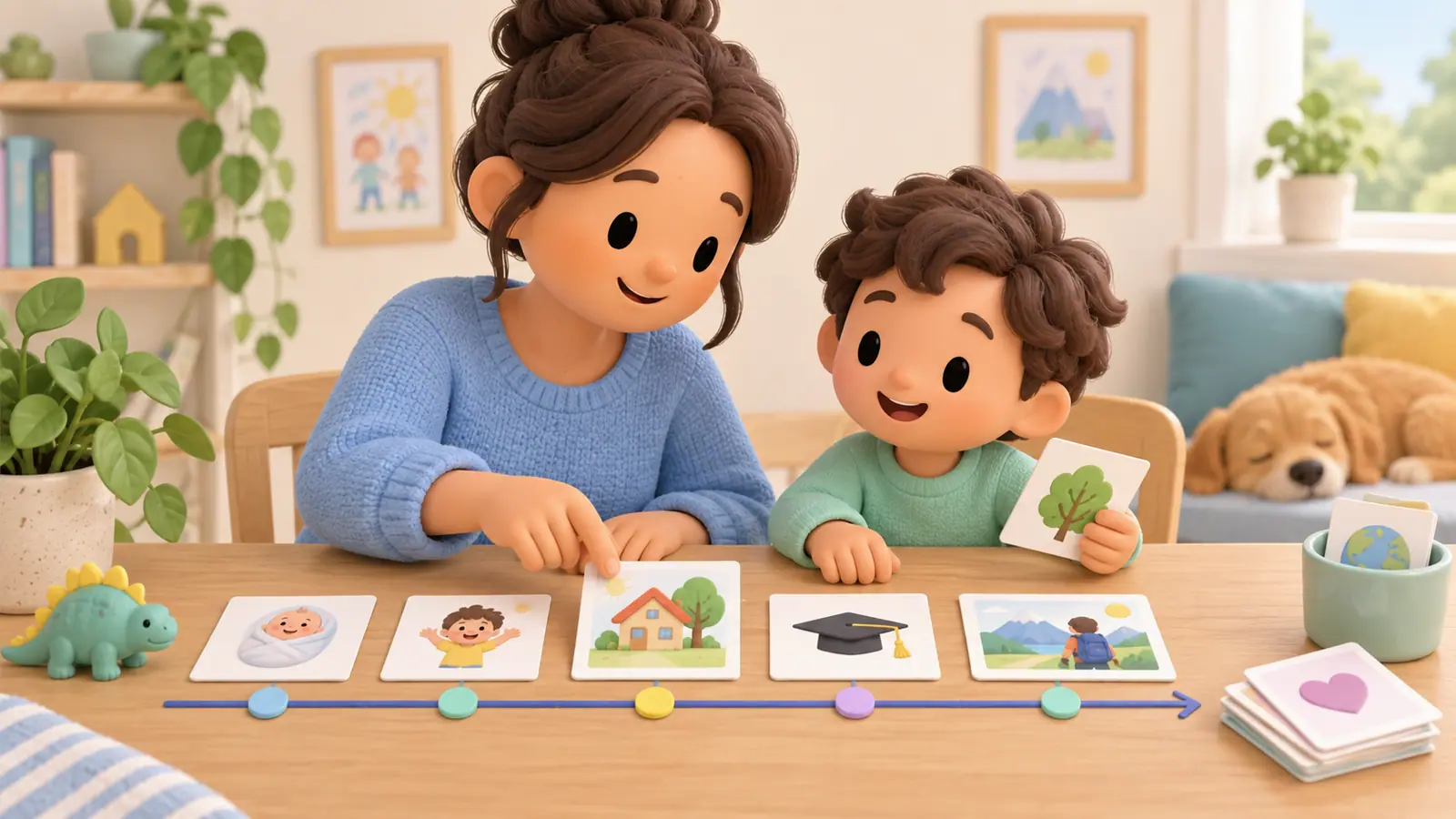 A parent and child arrange illustrated life-event cards along a horizontal timeline on a table, no dates or text.