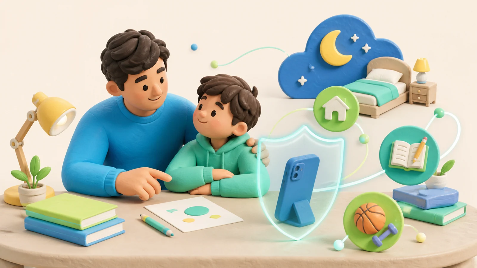 Parent and child calmly reviewing app limits together