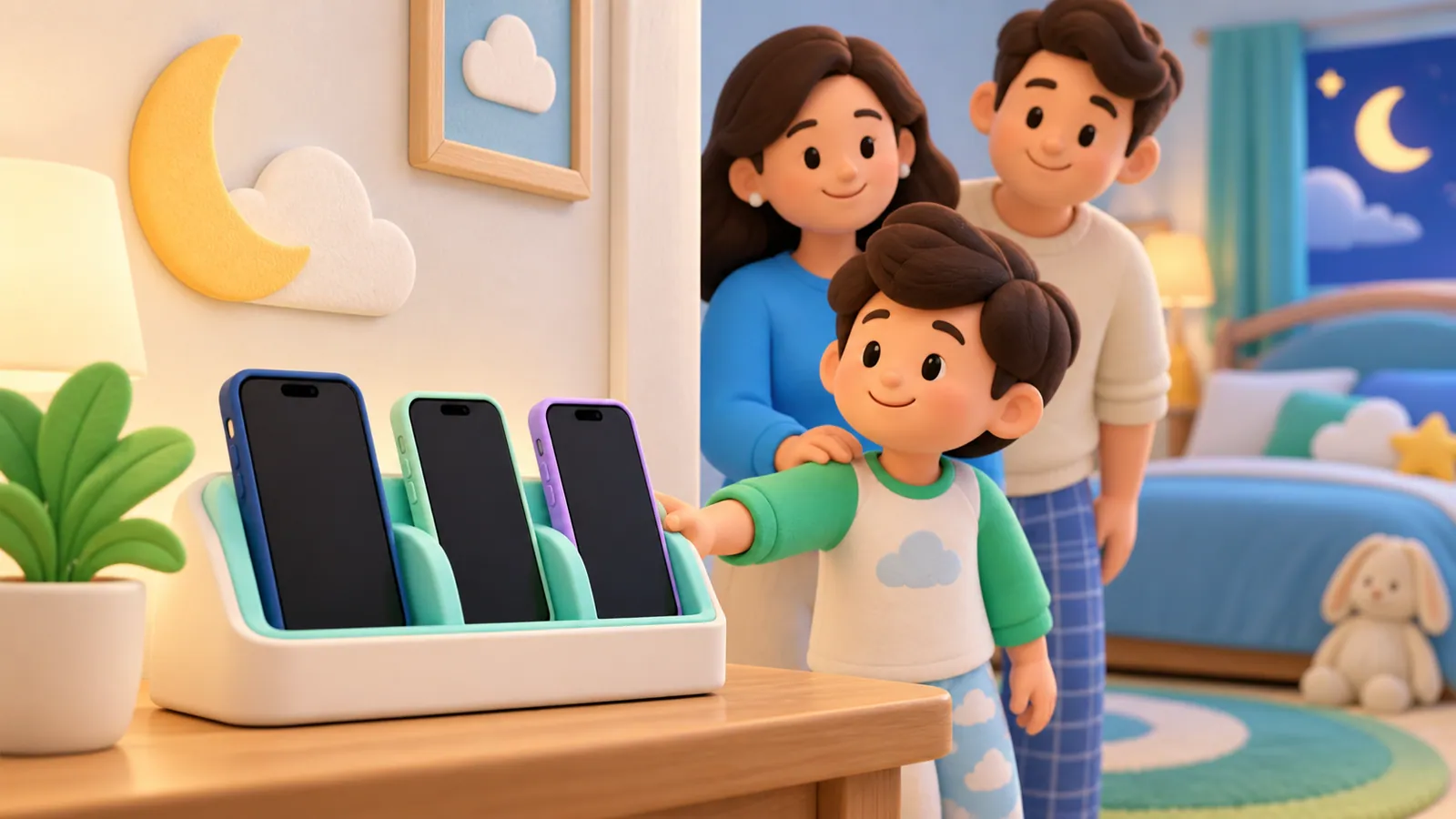 Family illustration: A Family Phone Charging Station: Making Overnight Rules Practical