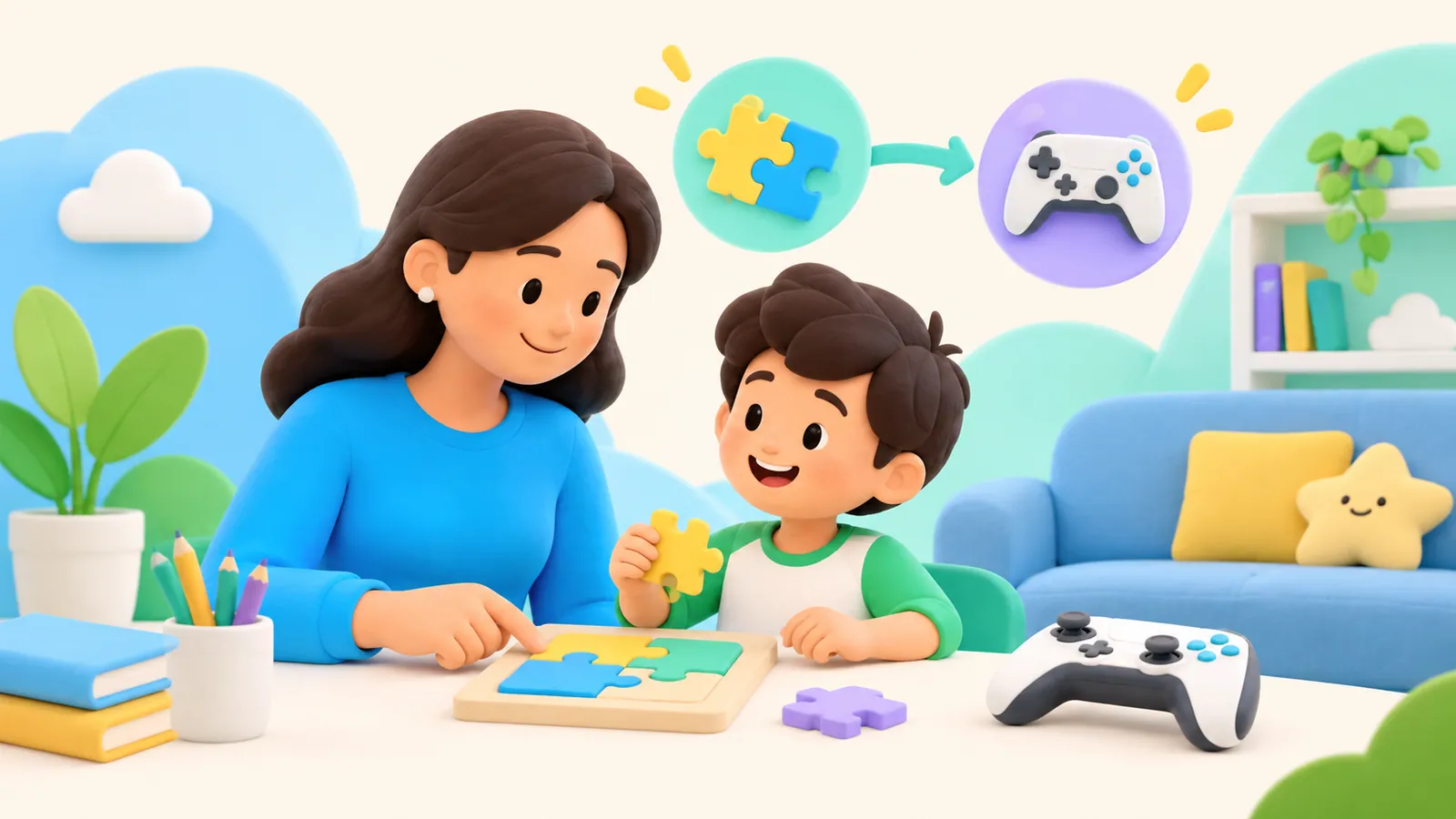 Family illustration: Learning Before Gaming: How to Choose Tasks Without Making Learning a Punishment