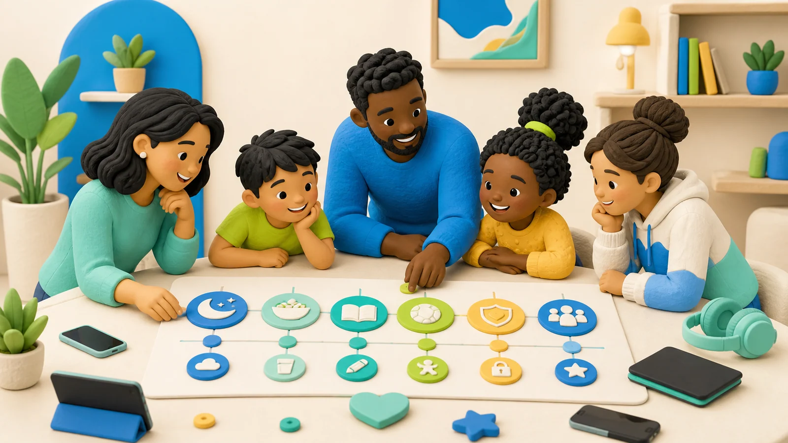 Family building a media plan together around a kitchen table