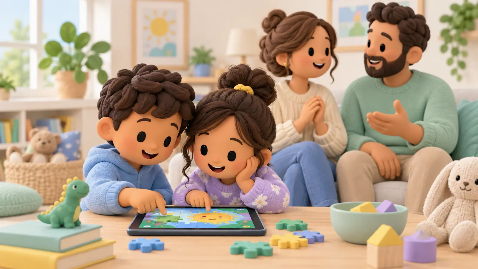 Two children collaborate on a tablet puzzle at a playdate while two parents agree on the plan beside them.