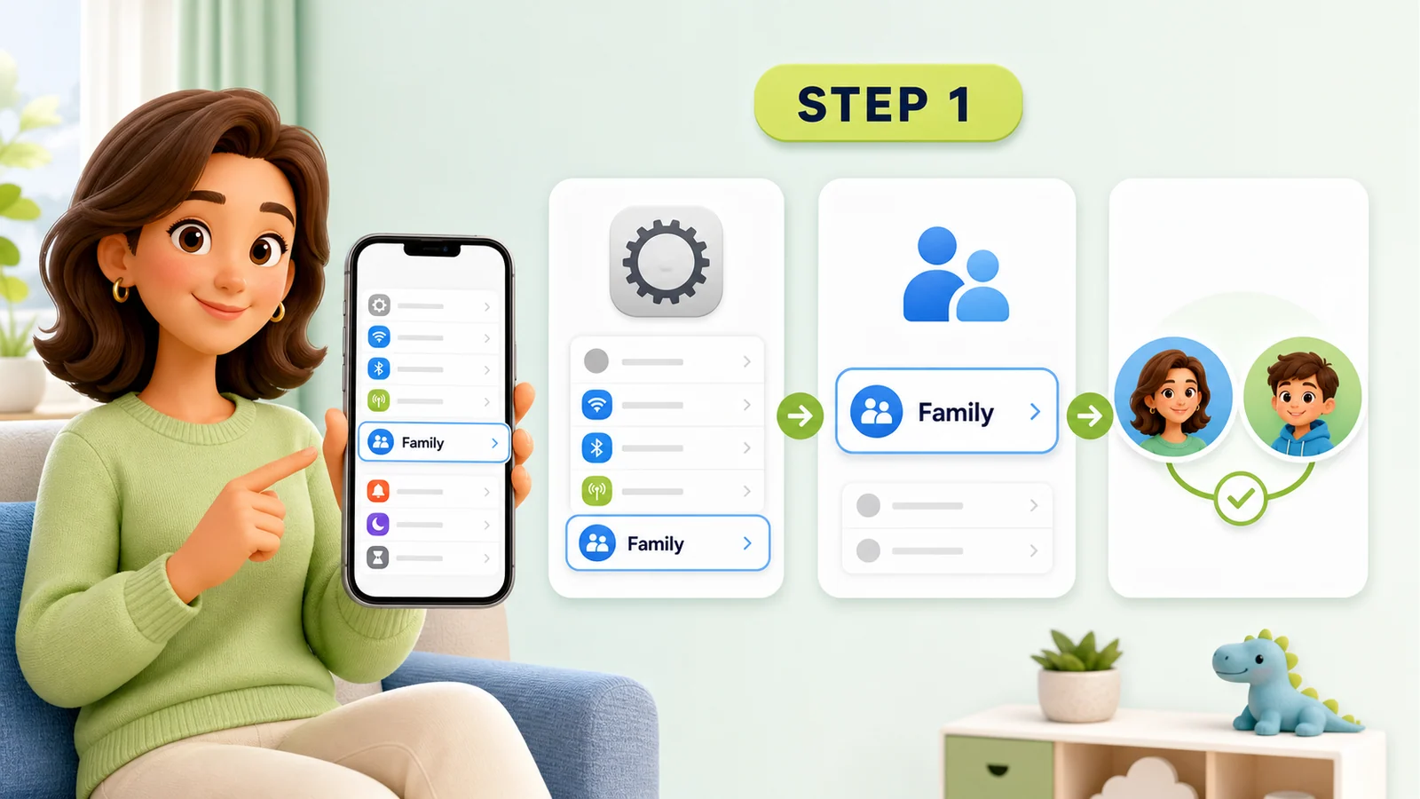 Apple Settings path for opening Family Sharing on the parent device