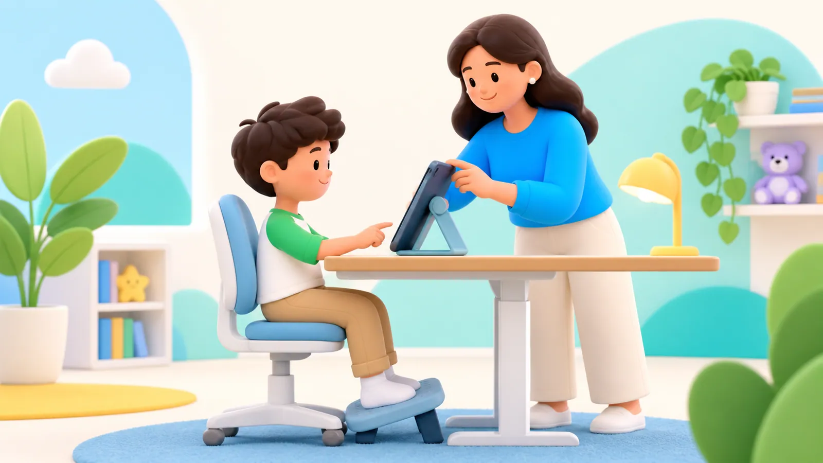 Family illustration: Tablets, Posture, and Kids’ Neck Discomfort: Small Setup Changes