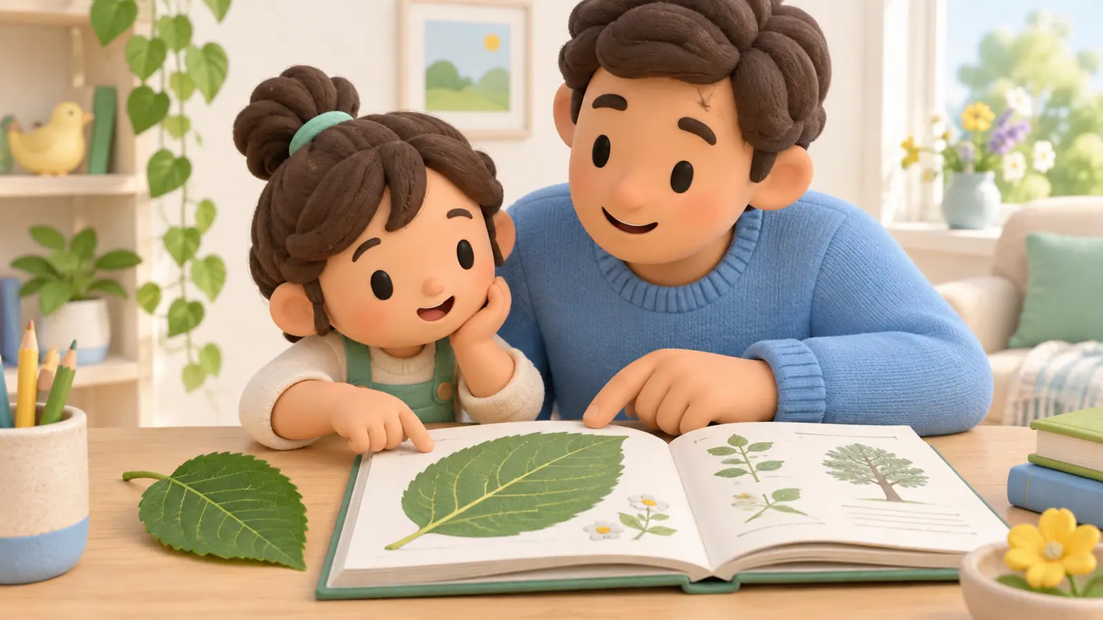 A parent and child examine a nonfiction book with a large leaf illustration and a real leaf beside it.