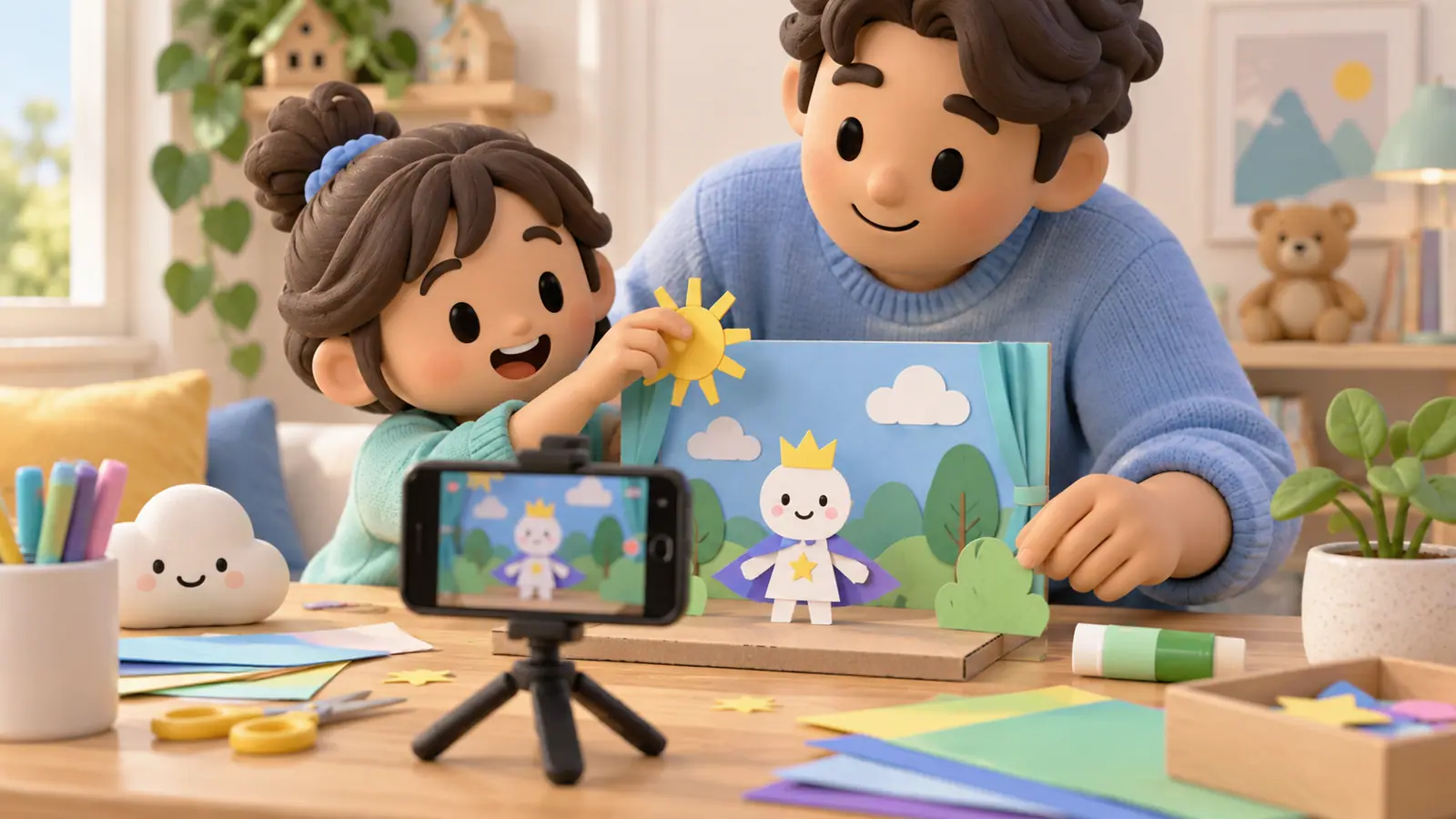 A child photographs a handmade paper character on a miniature stage with a smartphone on a tabletop stand, parent helping.