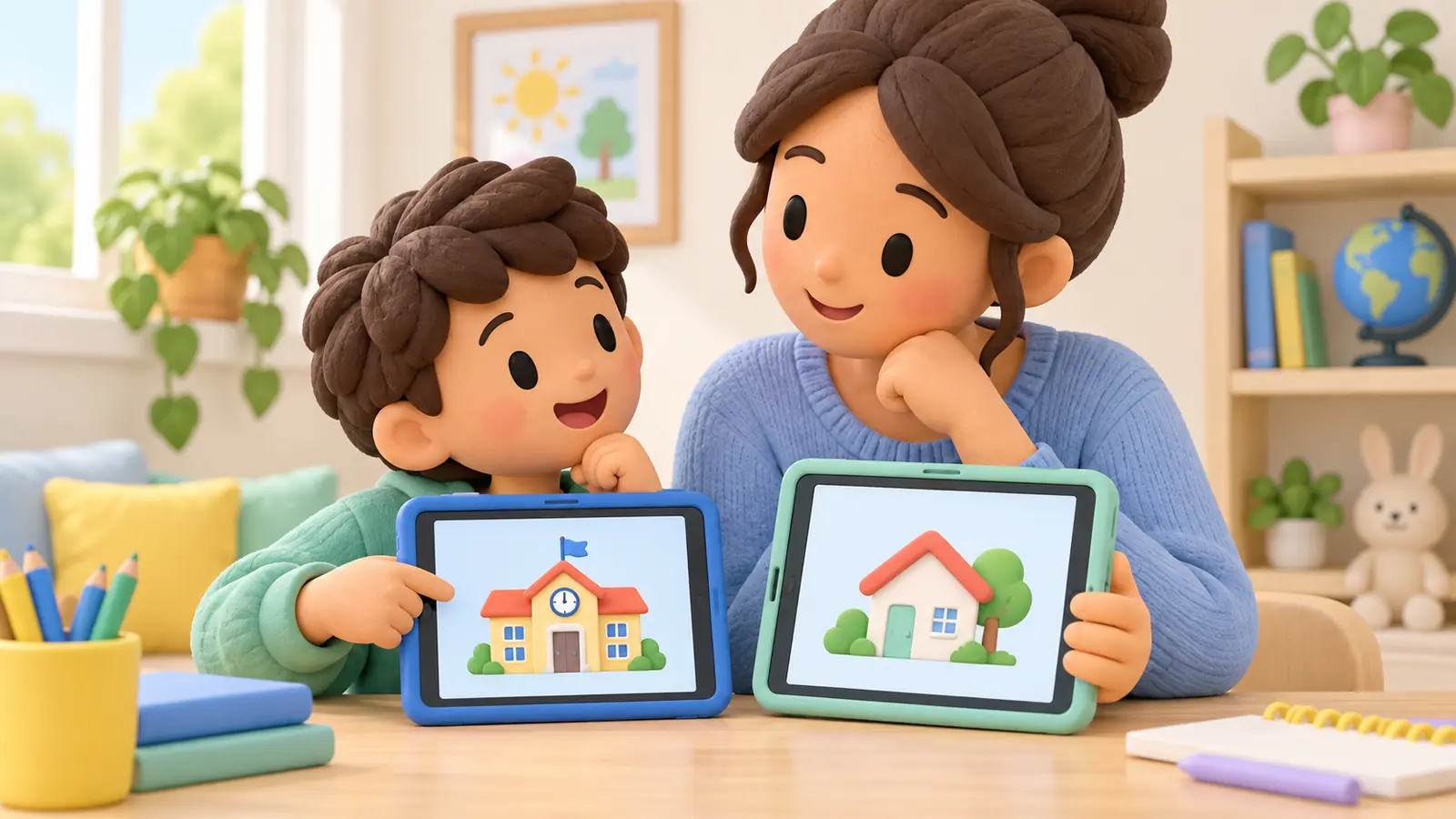 A parent and child compare a school tablet with a schoolhouse symbol and a personal tablet with a home symbol