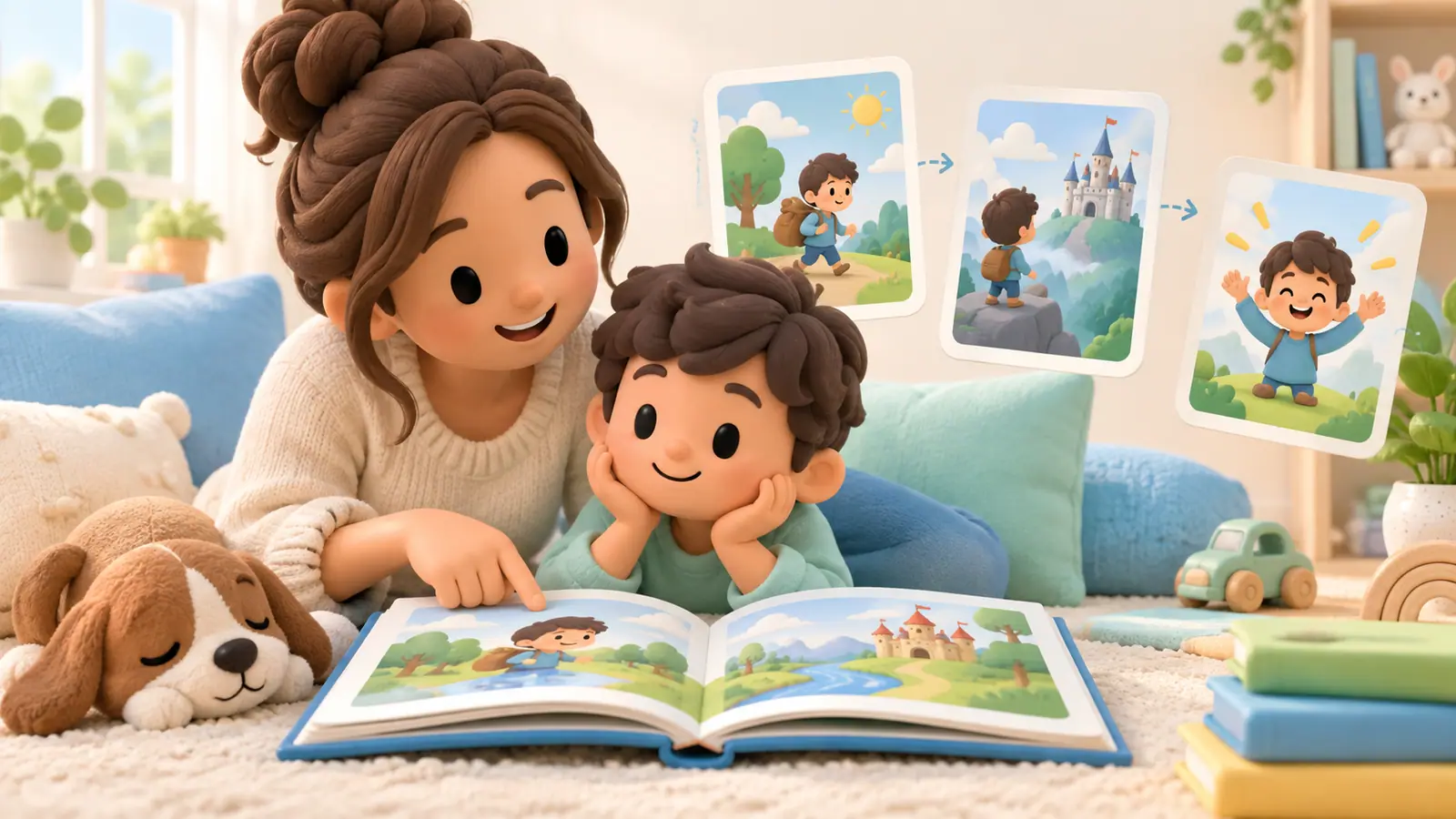 A mother and child read an open illustrated storybook, with three simple picture cards for the beginning, middle and ending.