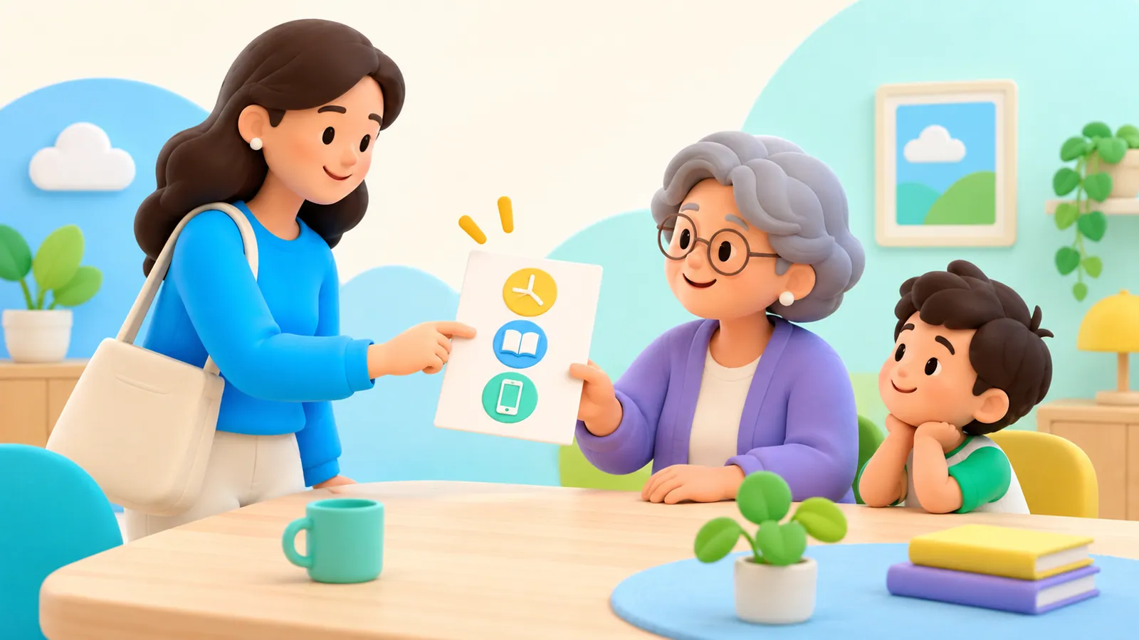 Family illustration: Screen Time with Grandparents and Babysitters: The One-Page Handover