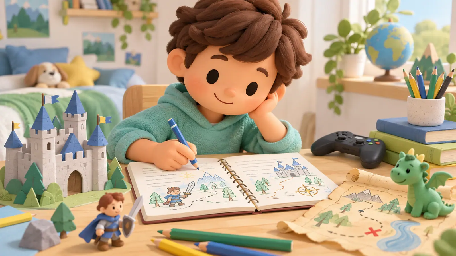 A child writes and draws an adventure story featuring a tiny paper castle and quest map, game controller set aside.