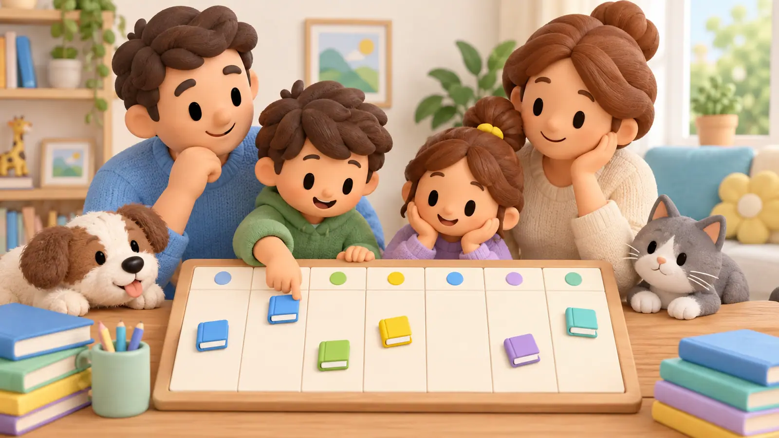 A family plans small reading sessions on a weekly board with seven empty columns and a few colorful book icons, no text.