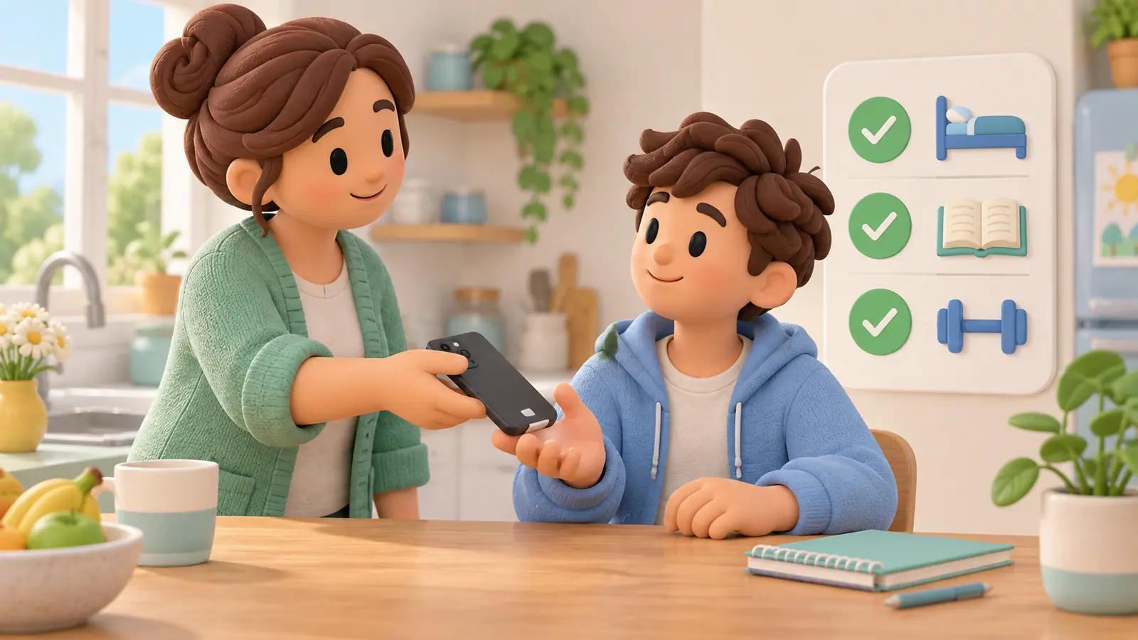 A parent calmly returns a smartphone to a teenager at the kitchen table beside a simple icon checklist.