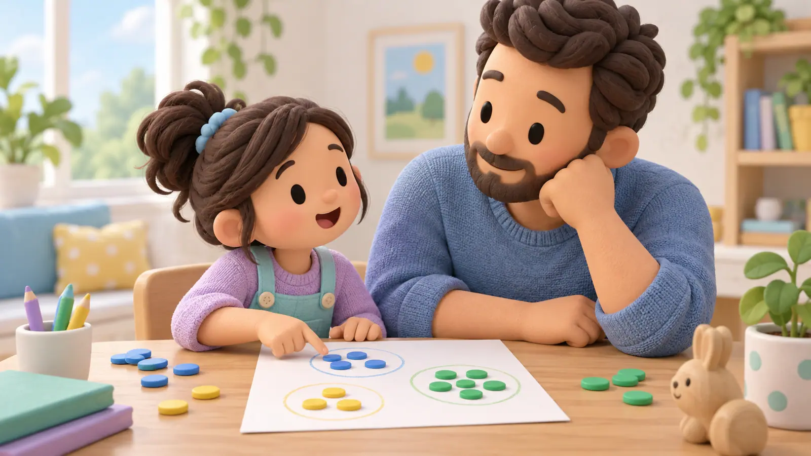 A girl explains her drawing of grouped counters to her father, pointing to her own paper while he listens.