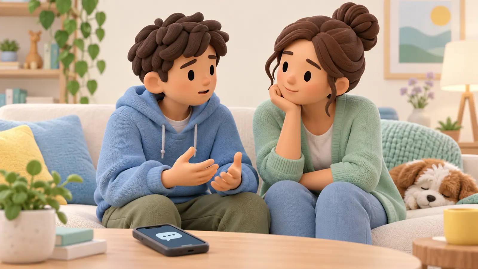 A caring parent listens to a teenager with a phone set aside