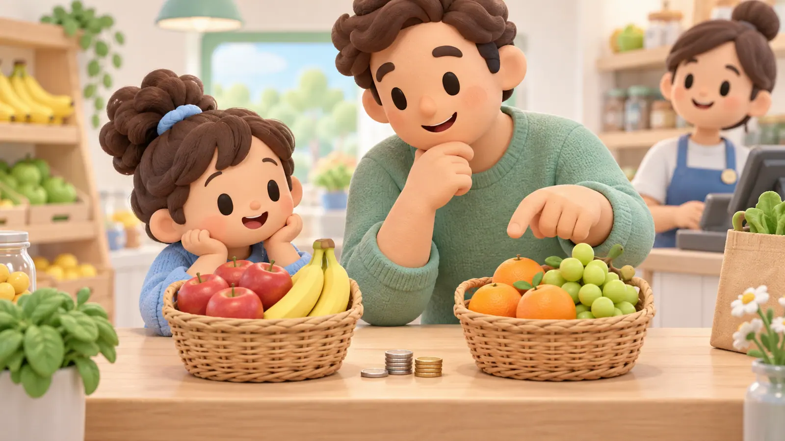 A parent and child compare two baskets of fruit and a few coins at a cheerful grocery counter.